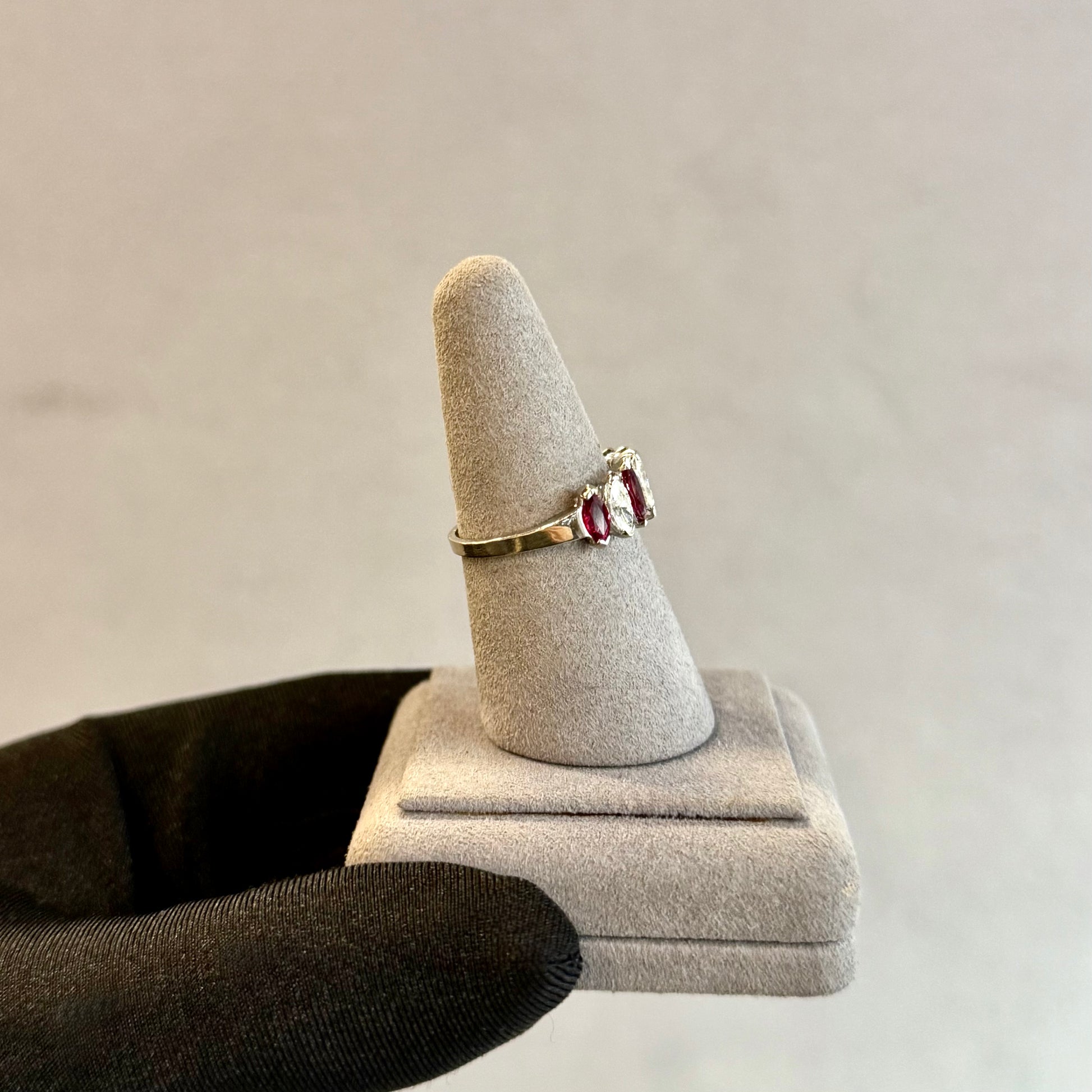 Vintage 14K White Gold Ruby and Diamond Marquise Half-Eternity Band – North-South Setting, .74ct Diamonds & .60ct Rubies