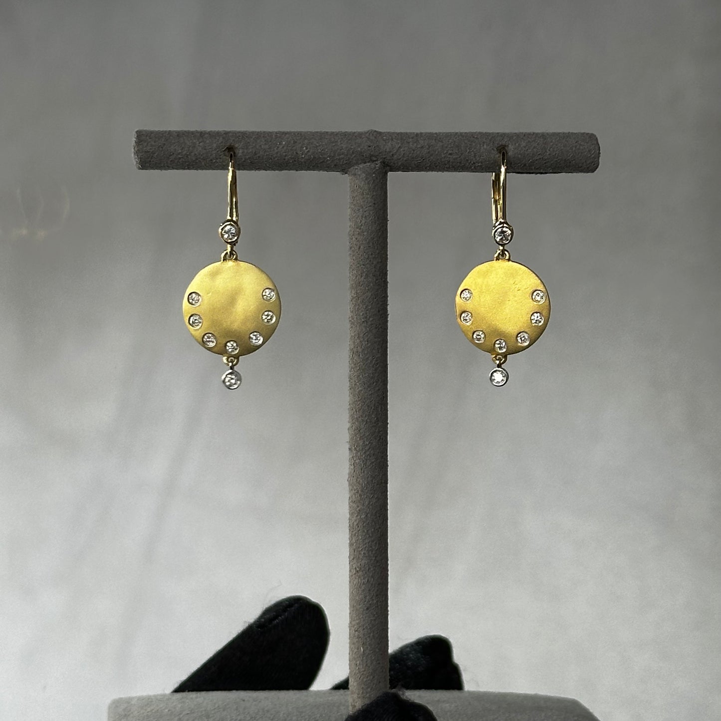 Two Tone Brushed Gold Disk Scattered Diamonds Drop Dangle Earrings