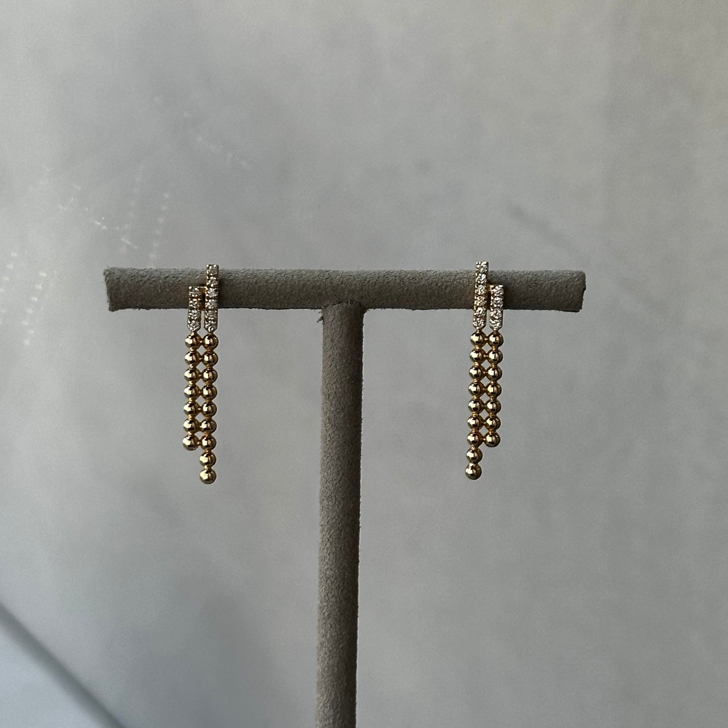 Diamond Two Row Ball Fringe Drop Stud Earrings