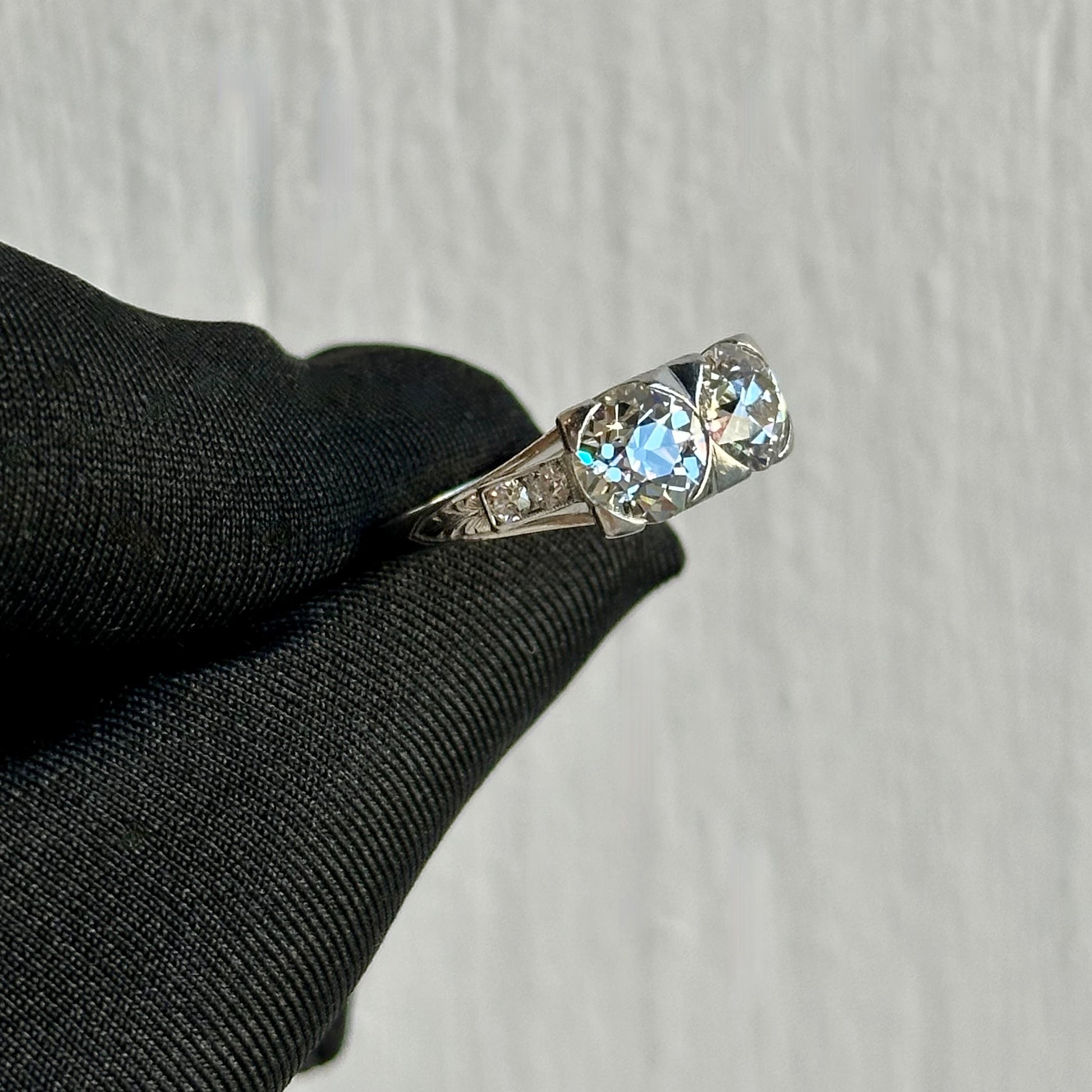 Art Deco Platinum Ring with 1.13ct & 1.29ct Old Mine Diamonds