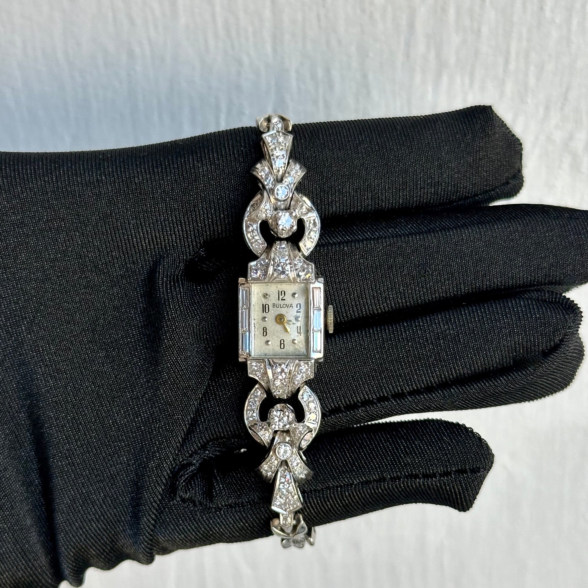 Art Deco 14kt White Gold Ladies Bulova Wristwatch with 1.37ct Standard Cut Diamonds