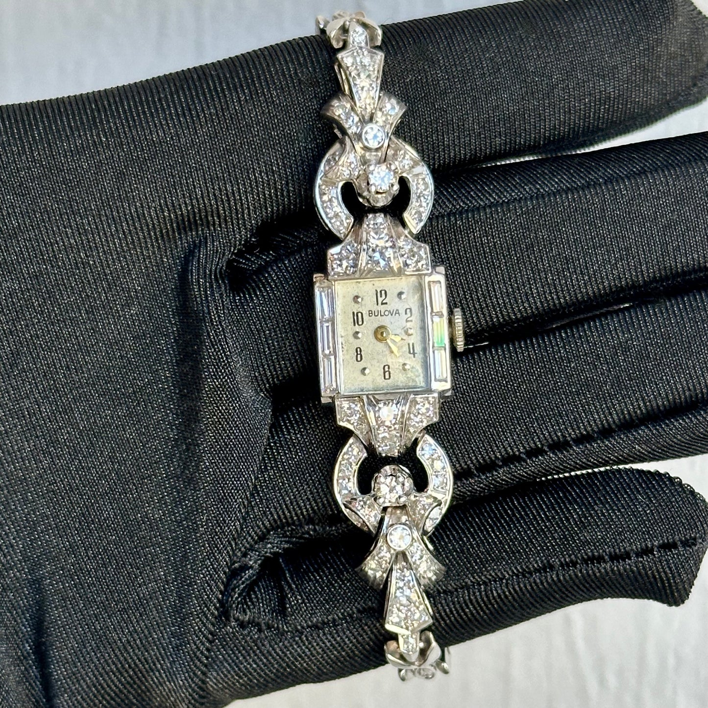 Art Deco 14kt White Gold Ladies Bulova Wristwatch with 1.37ct Standard Cut Diamonds