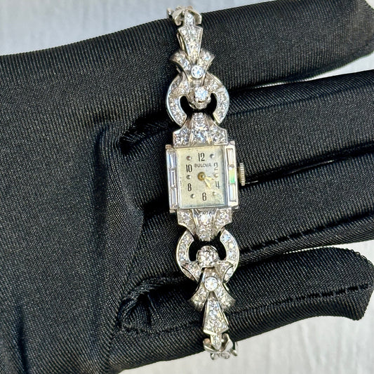 Art Deco 14kt White Gold Ladies Bulova Wristwatch with 1.37ct Standard Cut Diamonds