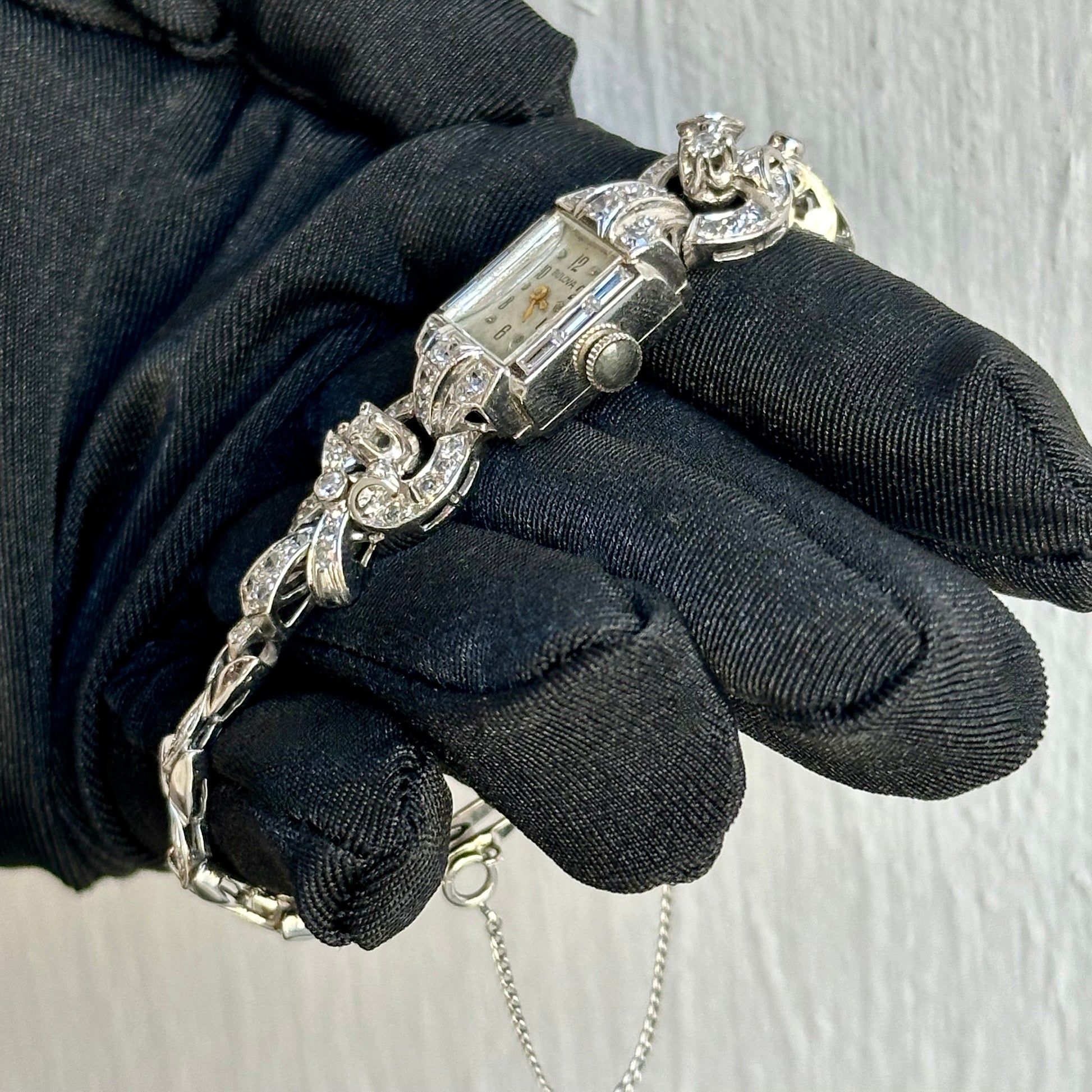 Art Deco 14kt White Gold Ladies Bulova Wristwatch with 1.37ct Standard Cut Diamonds