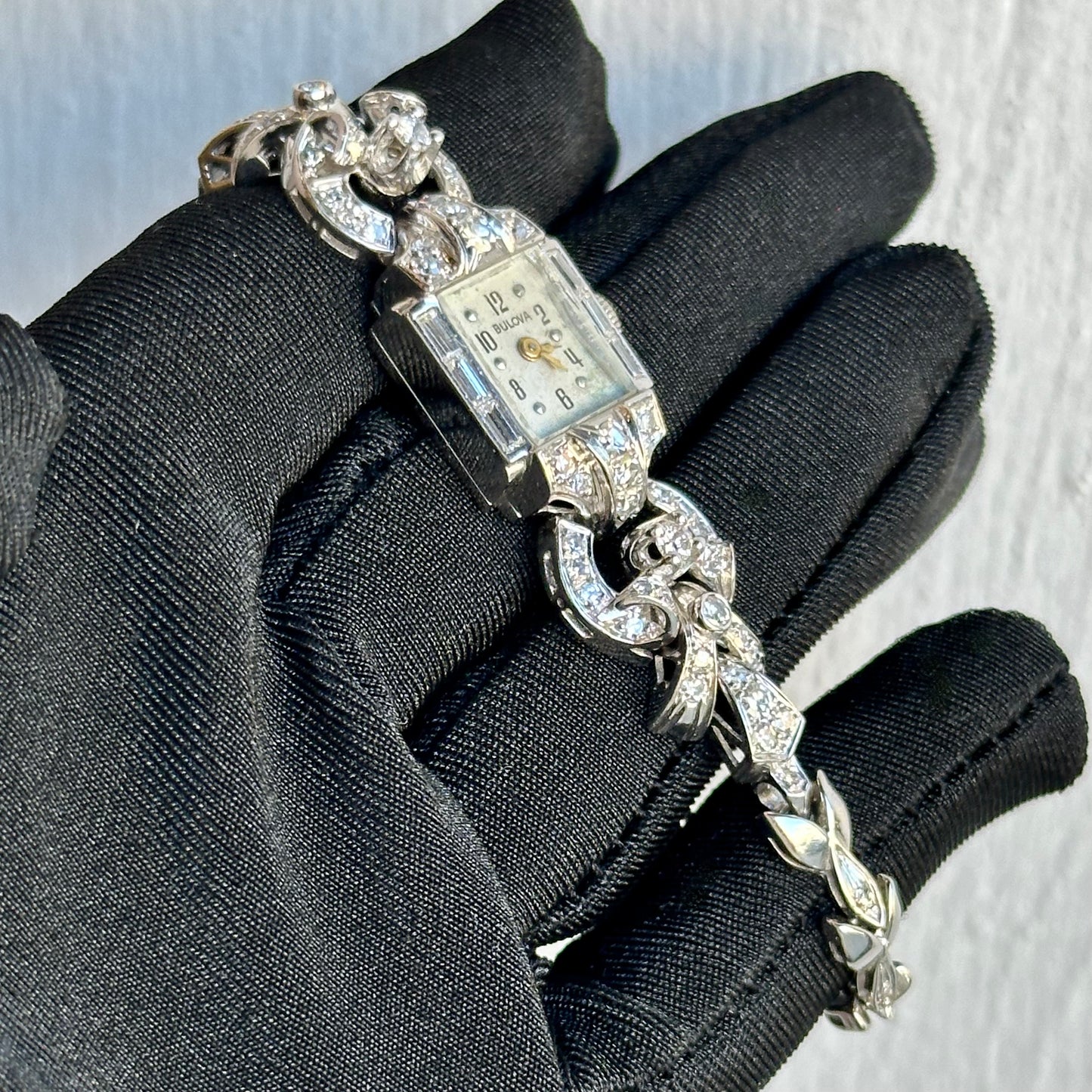 Art Deco 14kt White Gold Ladies Bulova Wristwatch with 1.37ct Standard Cut Diamonds
