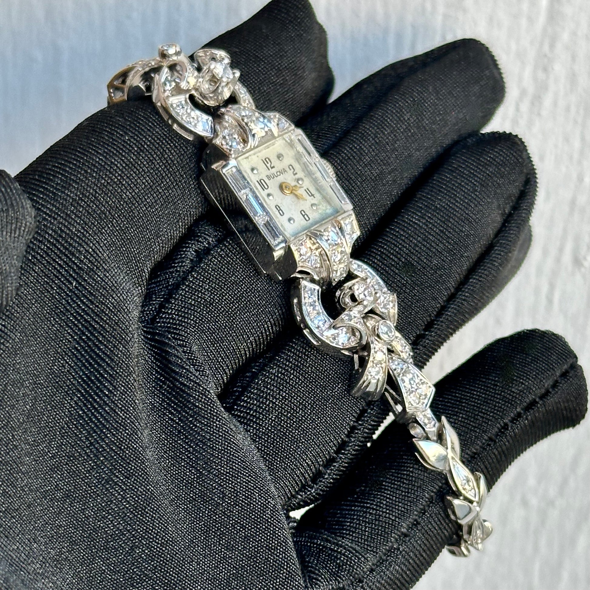 Art Deco 14kt White Gold Ladies Bulova Wristwatch with 1.37ct Standard Cut Diamonds