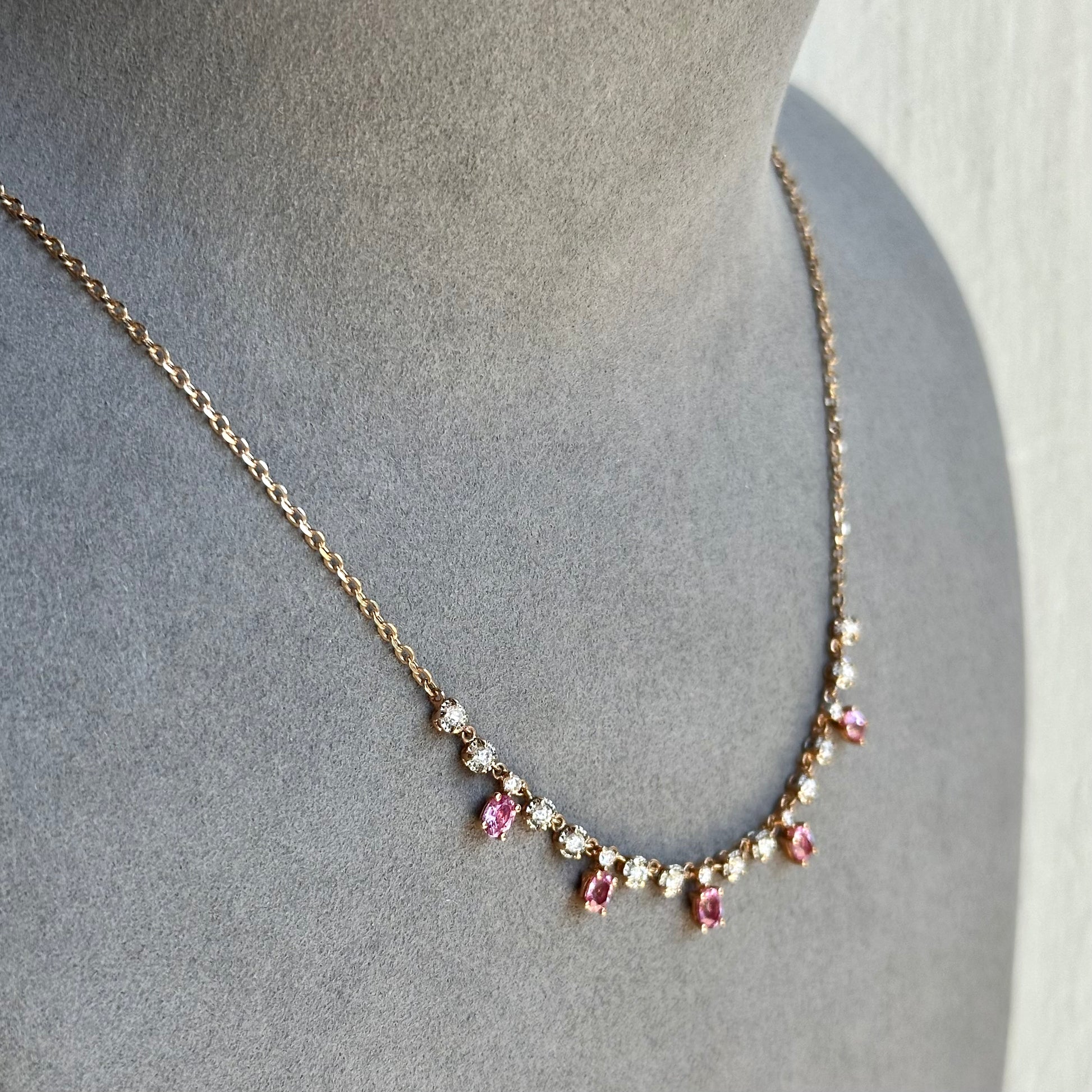 18kt Rose Gold Oval Cut Pink Sapphire Necklace with Round Cut Diamonds