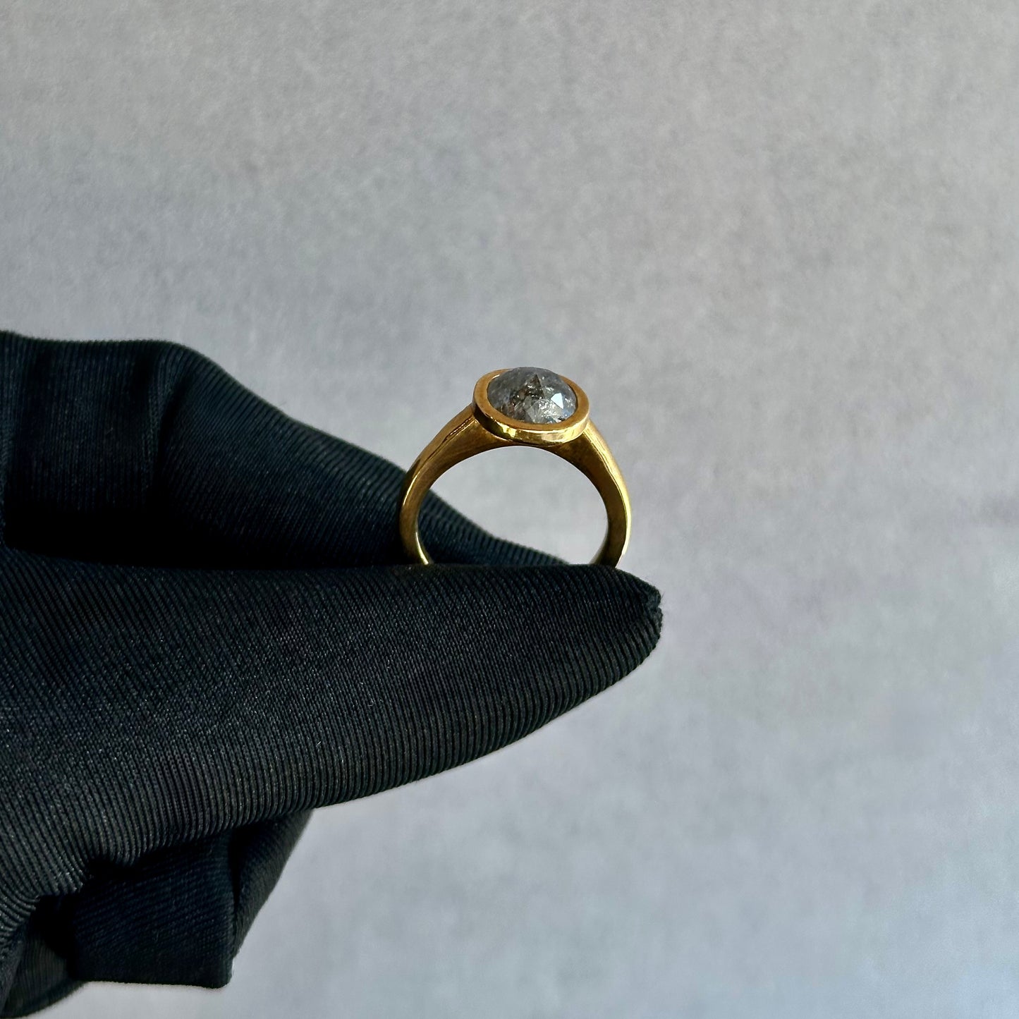 18K Yellow Gold Oval Salt and Pepper Diamond Engagement Ring – Rose Cut Bezel Set, Flush Fit (3mm Band, 11mm Top)