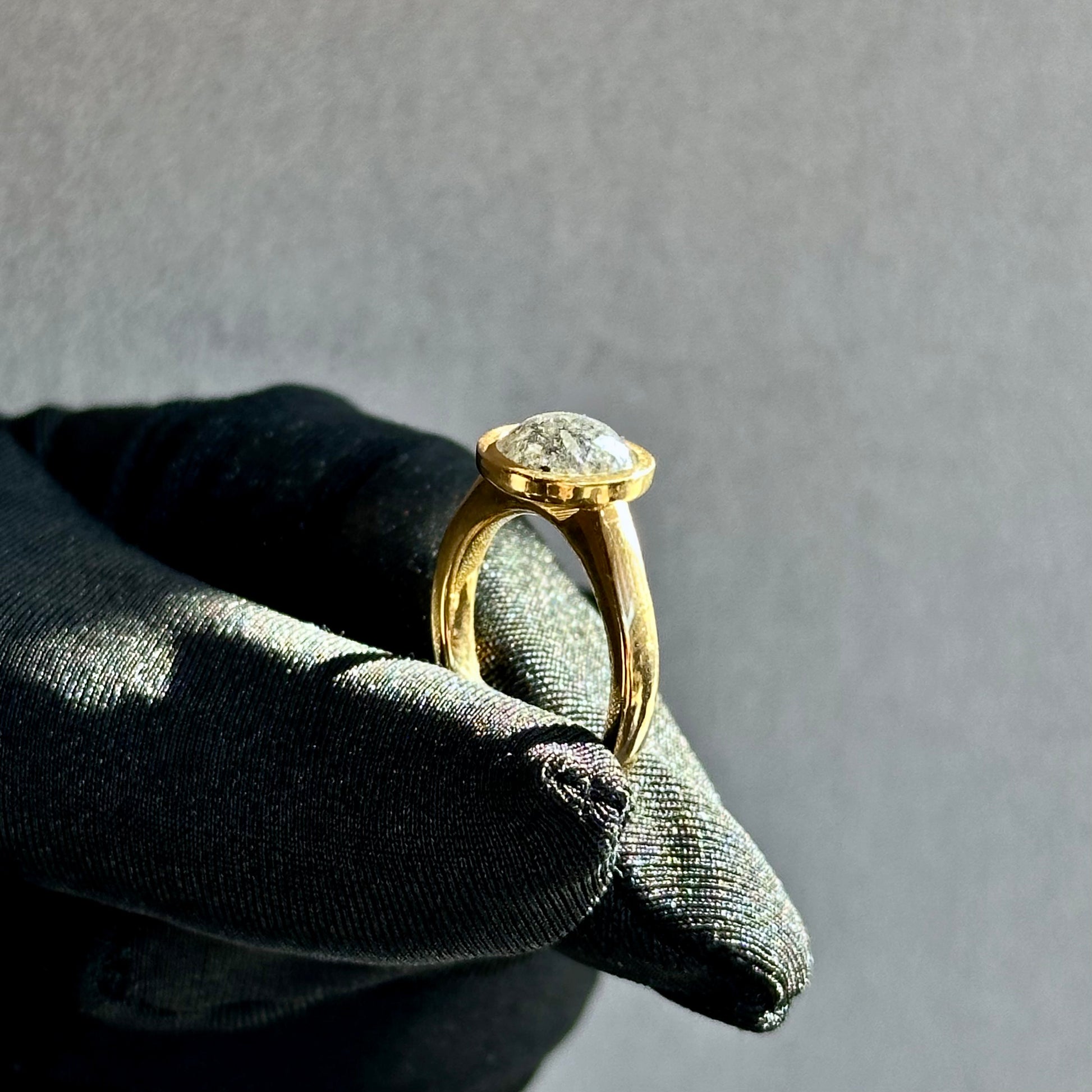 18K Yellow Gold Oval Salt and Pepper Diamond Engagement Ring – Rose Cut Bezel Set, Flush Fit (3mm Band, 11mm Top)