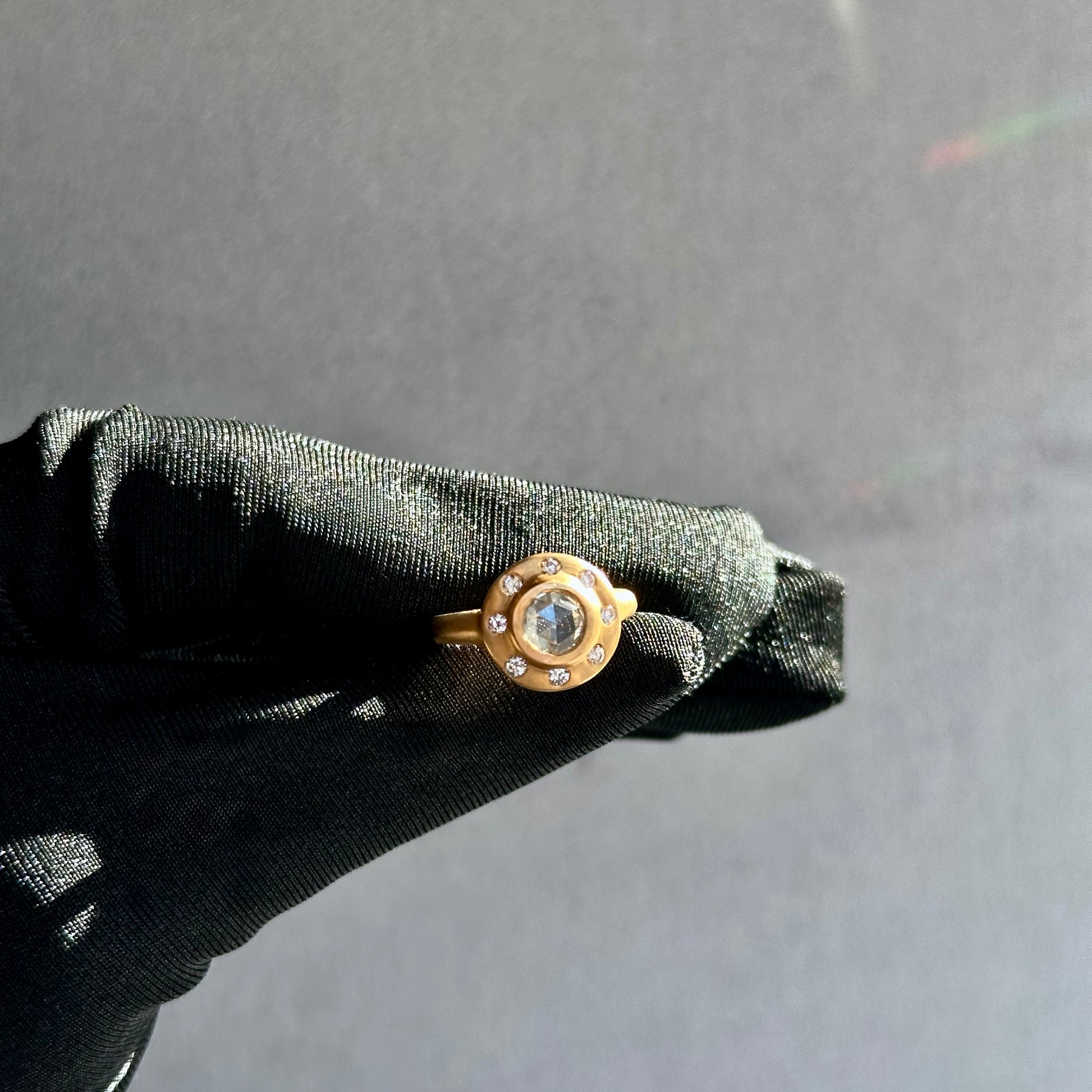 14K Yellow Gold Rose-Cut Diamond Engagement Ring – Flush Fit, Burnish Set Accent Diamonds, Satin Finish (Size 5.75, One-of-a-Kind)