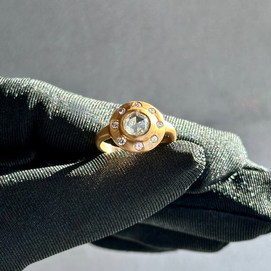 14K Yellow Gold Rose-Cut Diamond Engagement Ring – Flush Fit, Burnish Set Accent Diamonds, Satin Finish (Size 5.75, One-of-a-Kind)