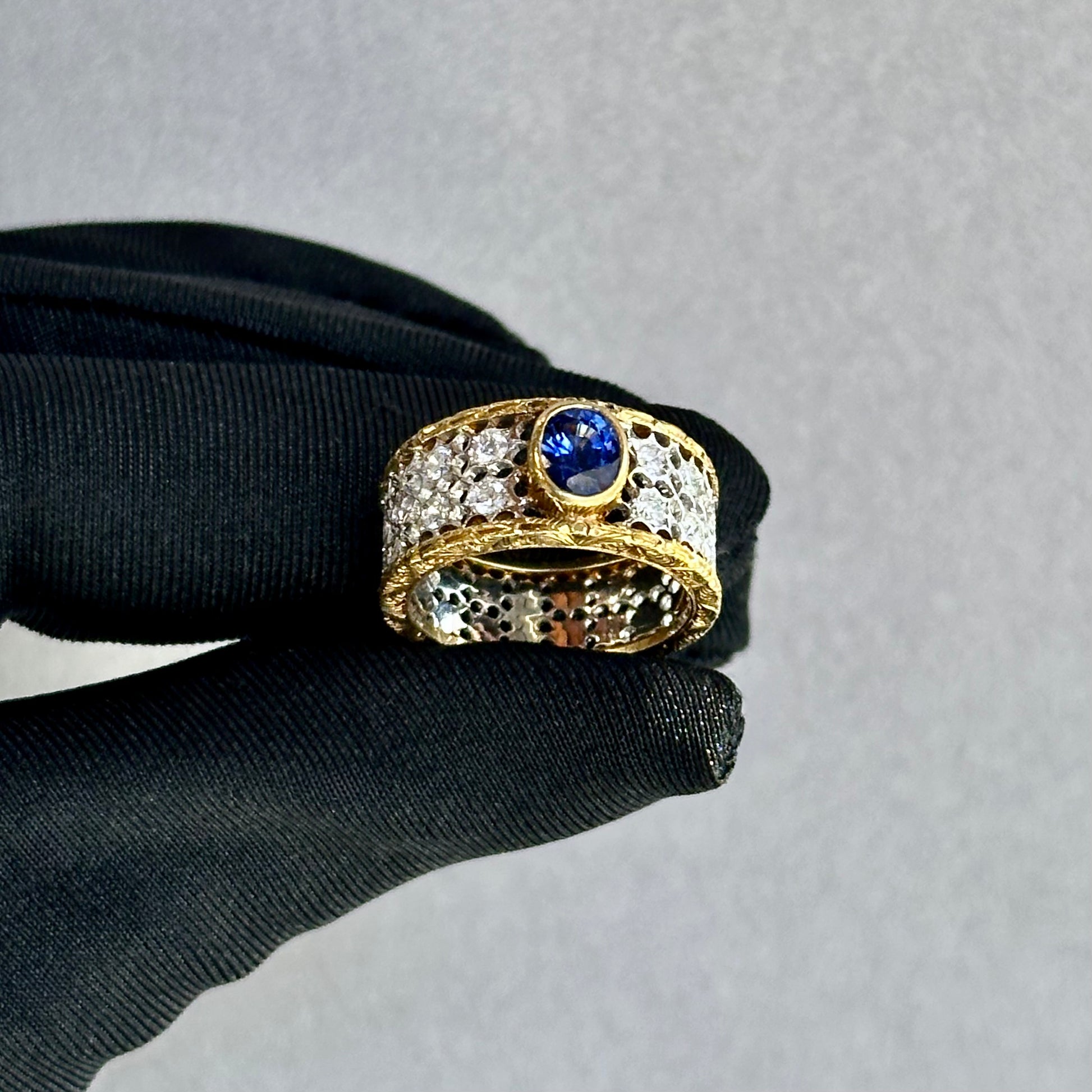 18K Yellow & White Gold Buccellati-Style Floral Sapphire and Diamond Filigree Band (Size 7, 9.5mm Wide)