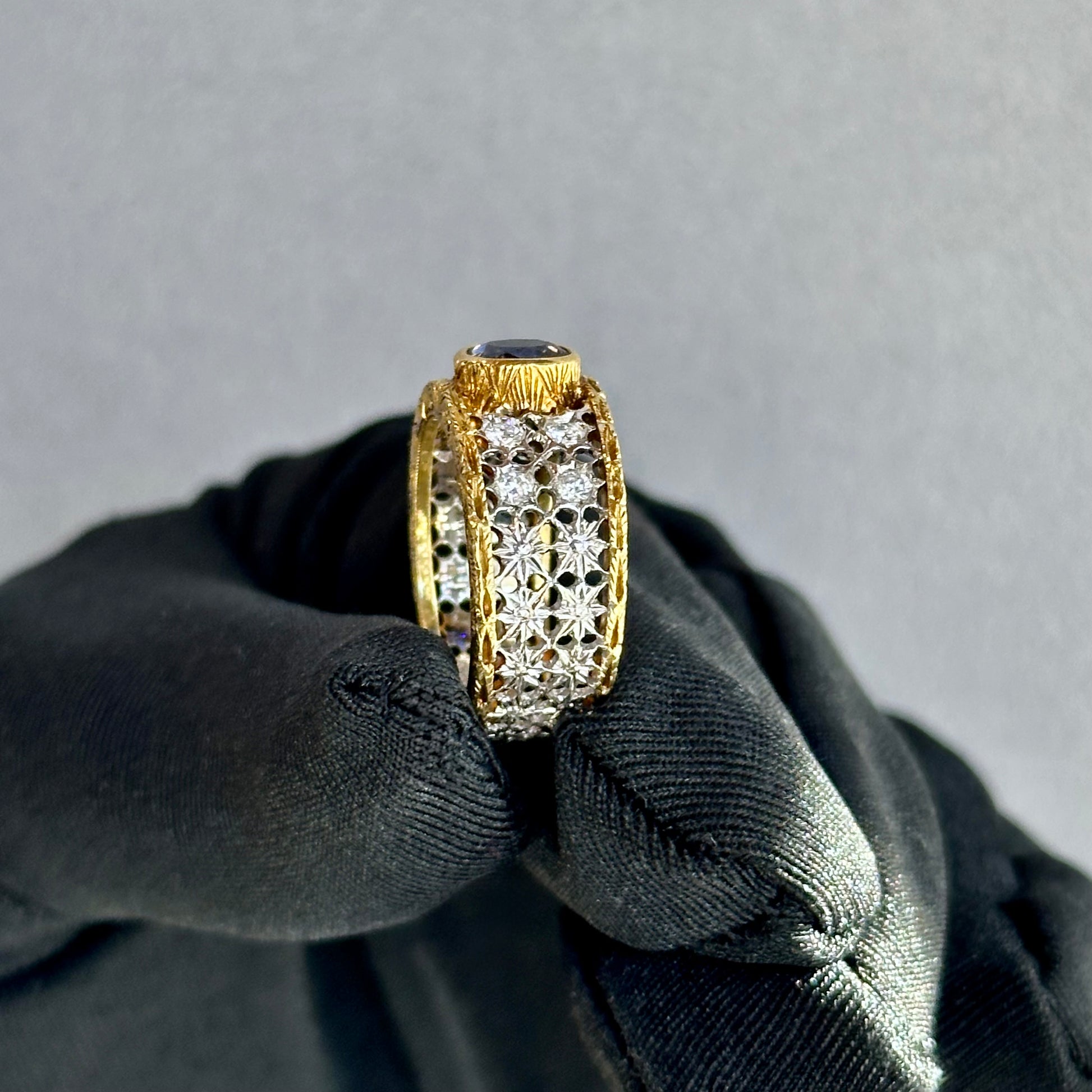 18K Yellow & White Gold Buccellati-Style Floral Sapphire and Diamond Filigree Band (Size 7, 9.5mm Wide)