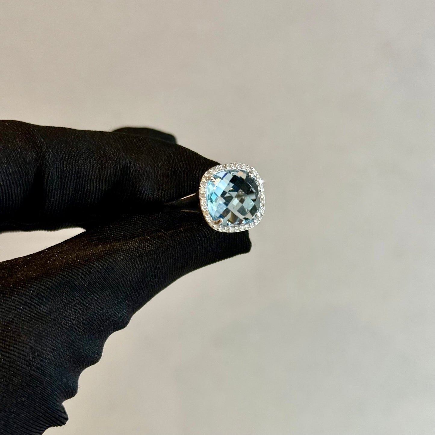 14K White Gold Cushion-Cut Blue Topaz Halo Ring – Checkerboard 11x11mm, Micro-Pavé Setting (Size 7)