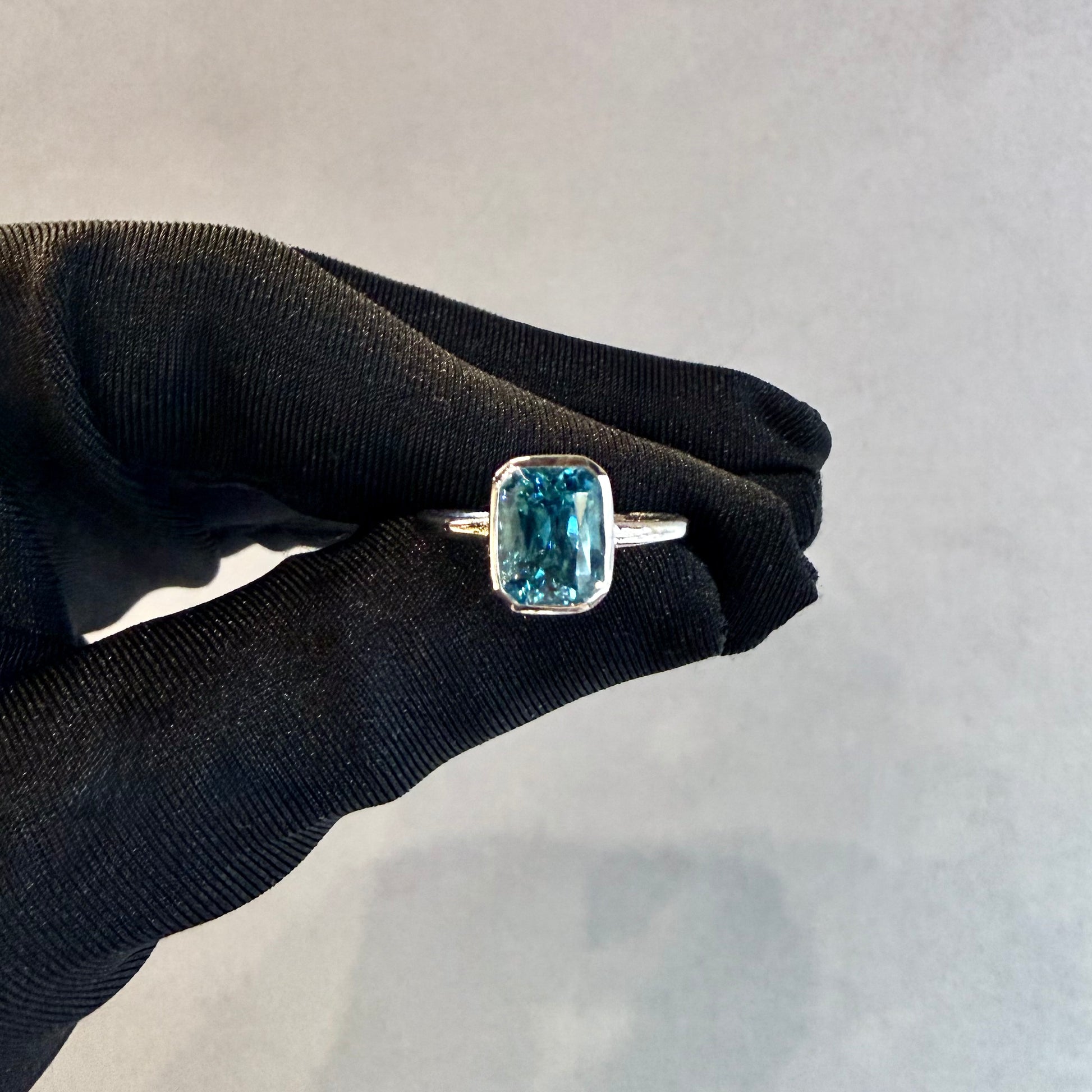 One-of-a-Kind 14K White Gold Emerald-Cut Blue Topaz Ring – Bezel Set, Handmade (Size 6.75)