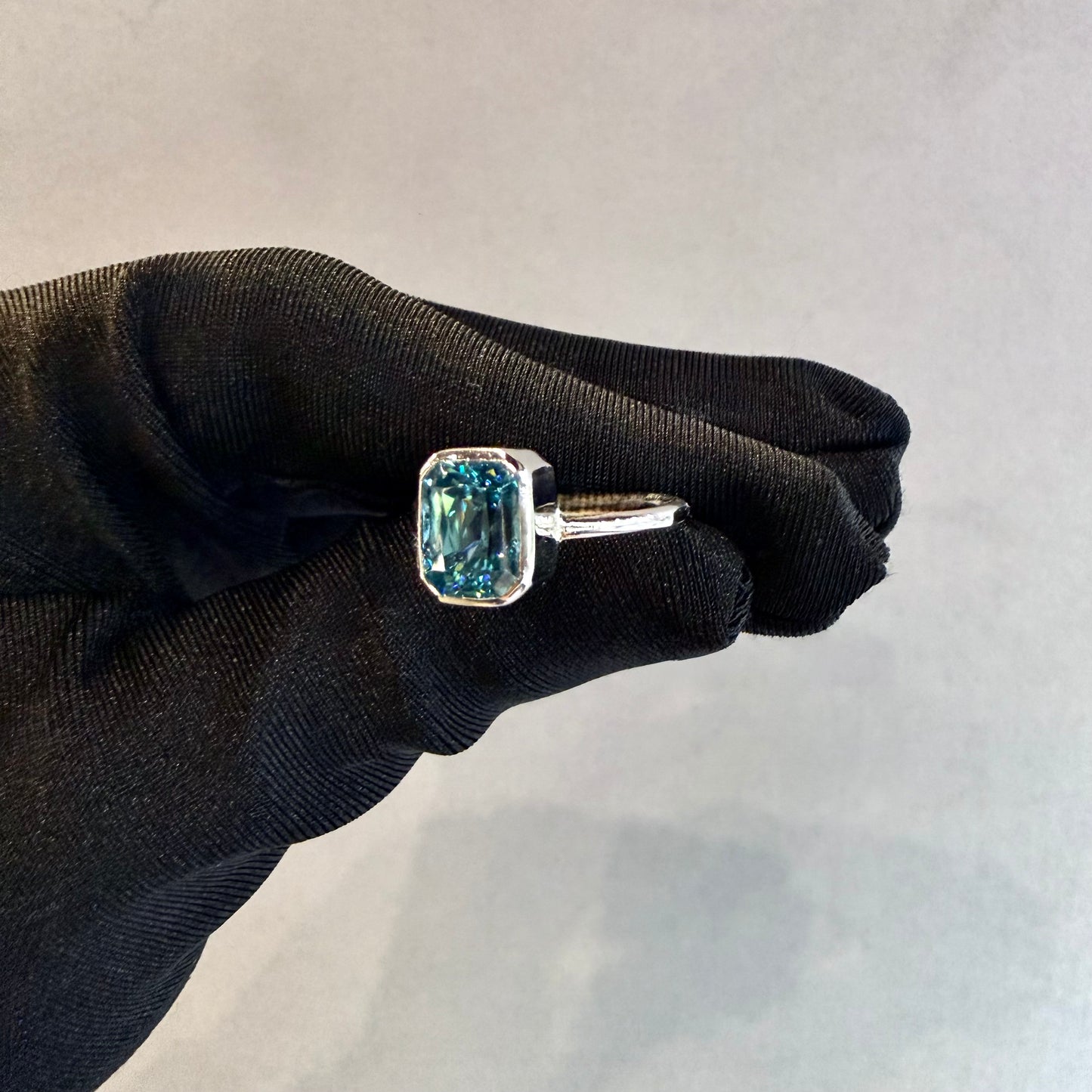 One-of-a-Kind 14K White Gold Emerald-Cut Blue Topaz Ring – Bezel Set, Handmade (Size 6.75)