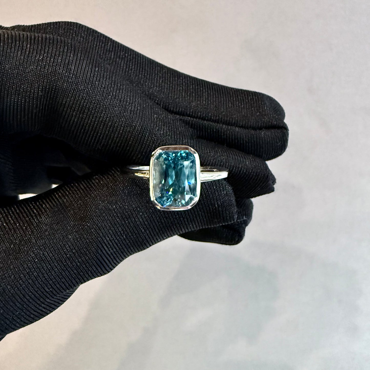 One-of-a-Kind 14K White Gold Emerald-Cut Blue Topaz Ring – Bezel Set, Handmade (Size 6.75)