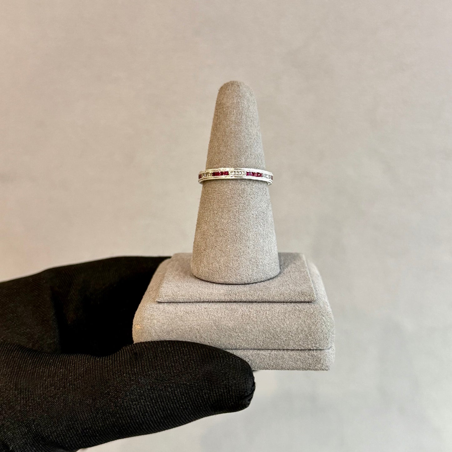 Platinum Ruby and Diamond Double Milgrain Eternity Band – Wheat Etched Design (Size 7.5)