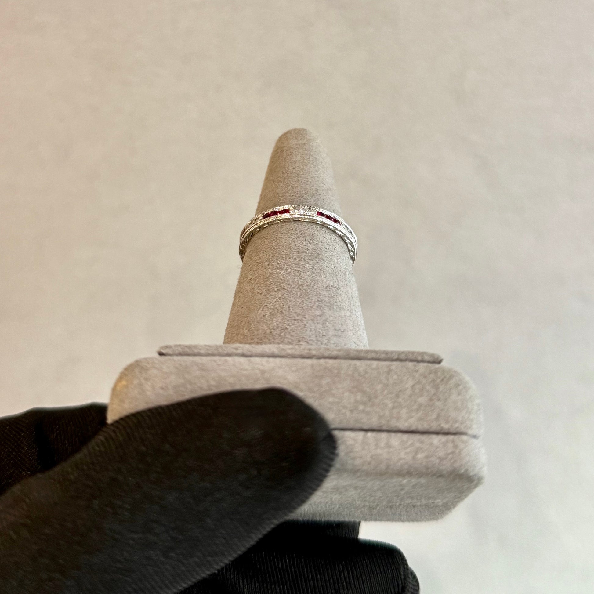 Platinum Ruby and Diamond Double Milgrain Eternity Band – Wheat Etched Design (Size 7.5)