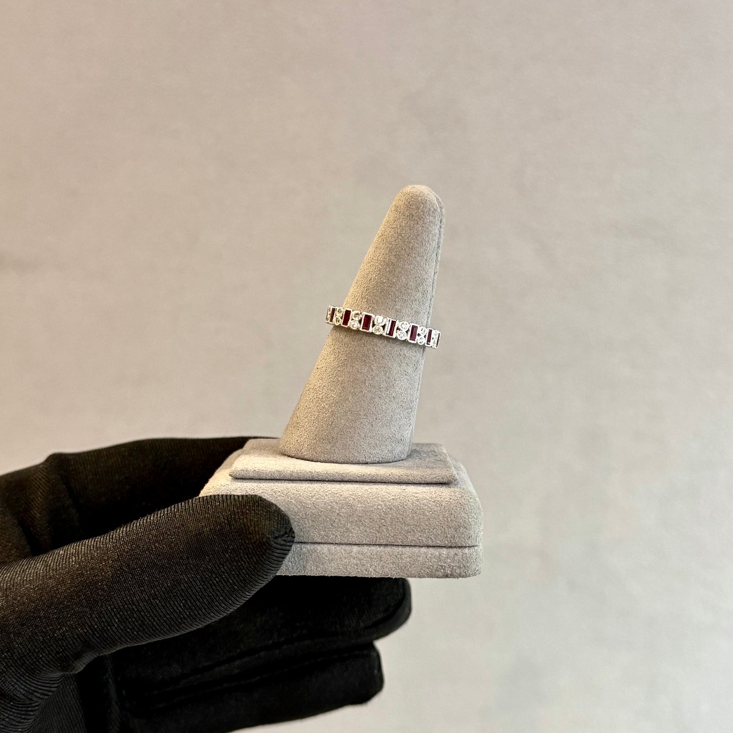 Art Deco 18K White Gold Ruby and Diamond Baguette Eternity Band – Milgrain Bezel Set