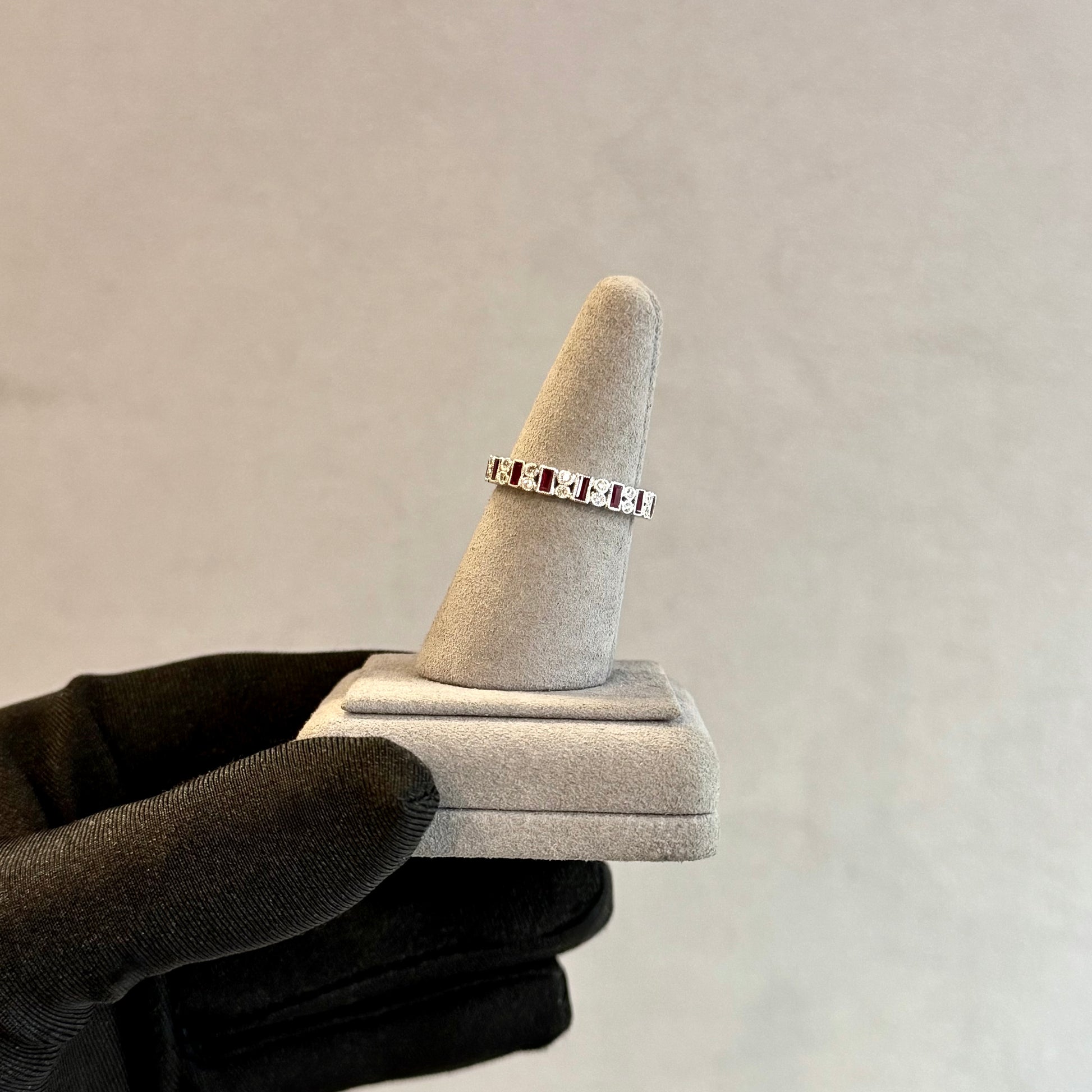 Art Deco 18K White Gold Ruby and Diamond Baguette Eternity Band – Milgrain Bezel Set