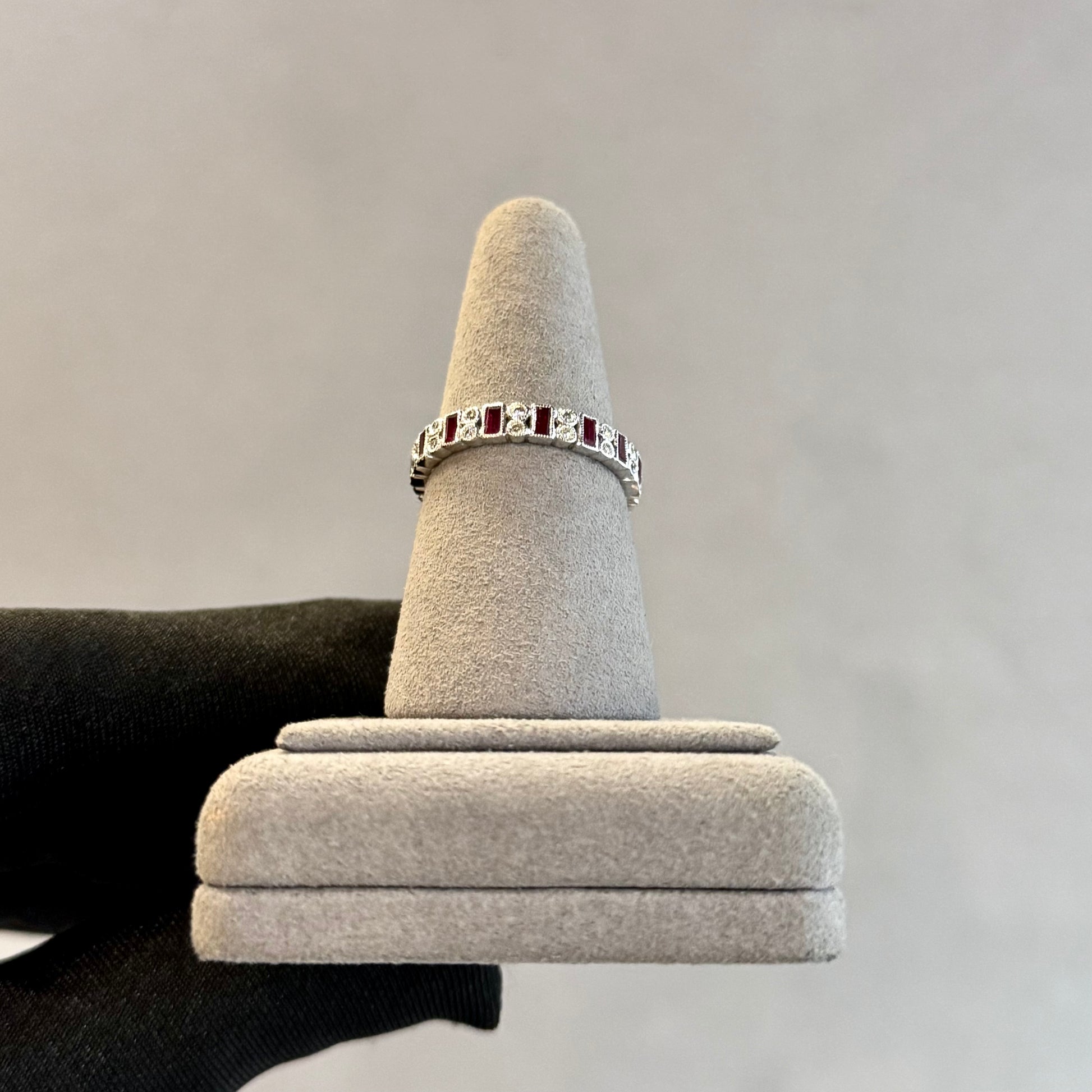 Art Deco 18K White Gold Ruby and Diamond Baguette Eternity Band – Milgrain Bezel Set