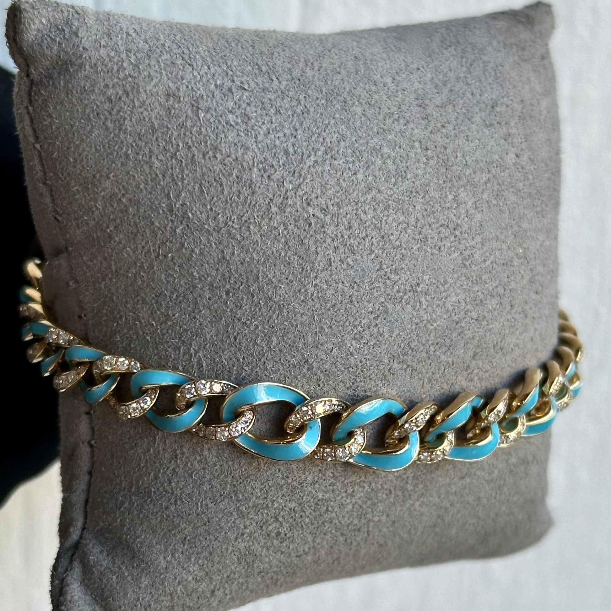 14KT Yellow Gold Blue Enamel & Diamond Cuban Bracelet – 1.45CTW Round Diamonds, Vibrant and Playful Design