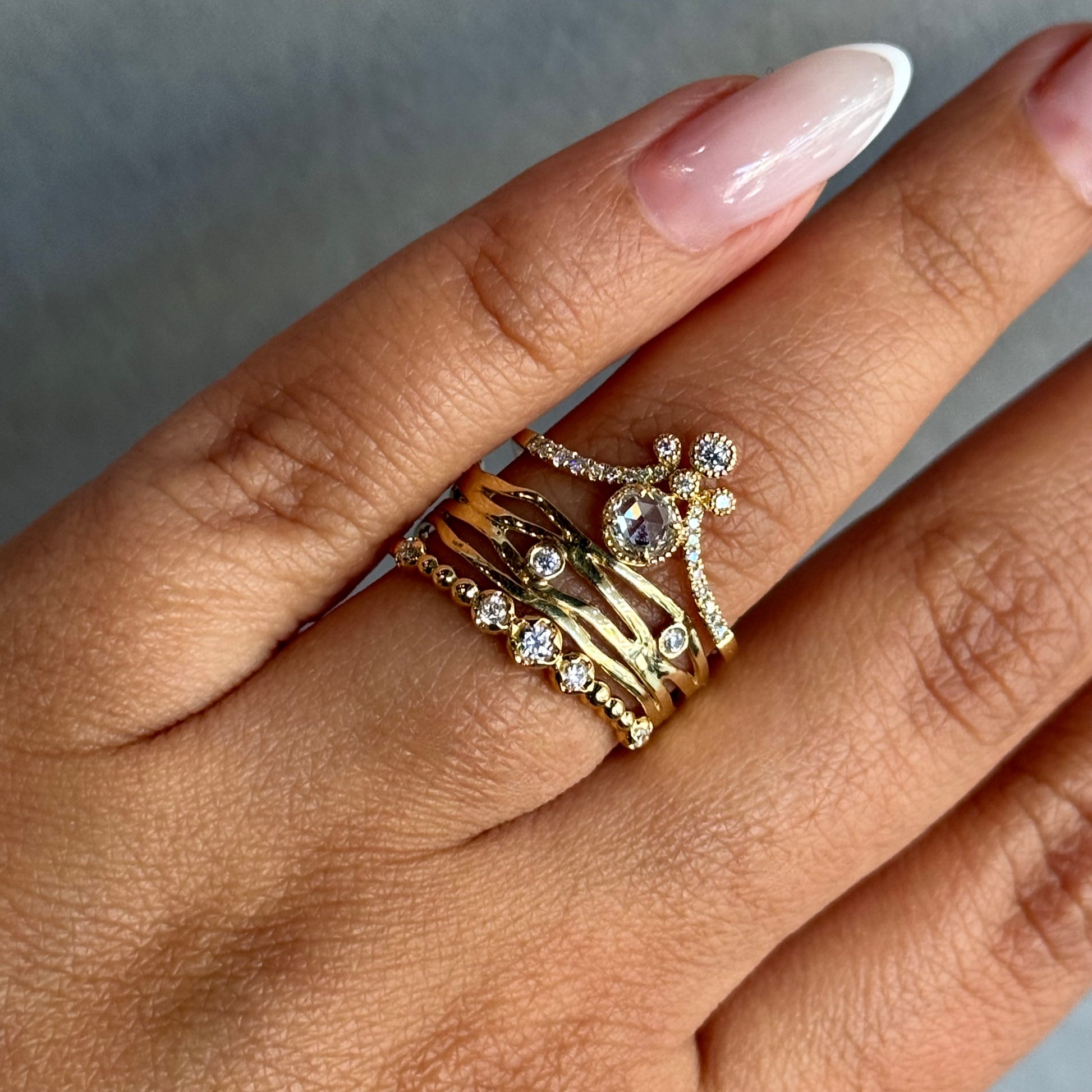 18kt Yellow Gold Rose Cut Diamond Ring with Milgrain Detailing and Brilliant Accents