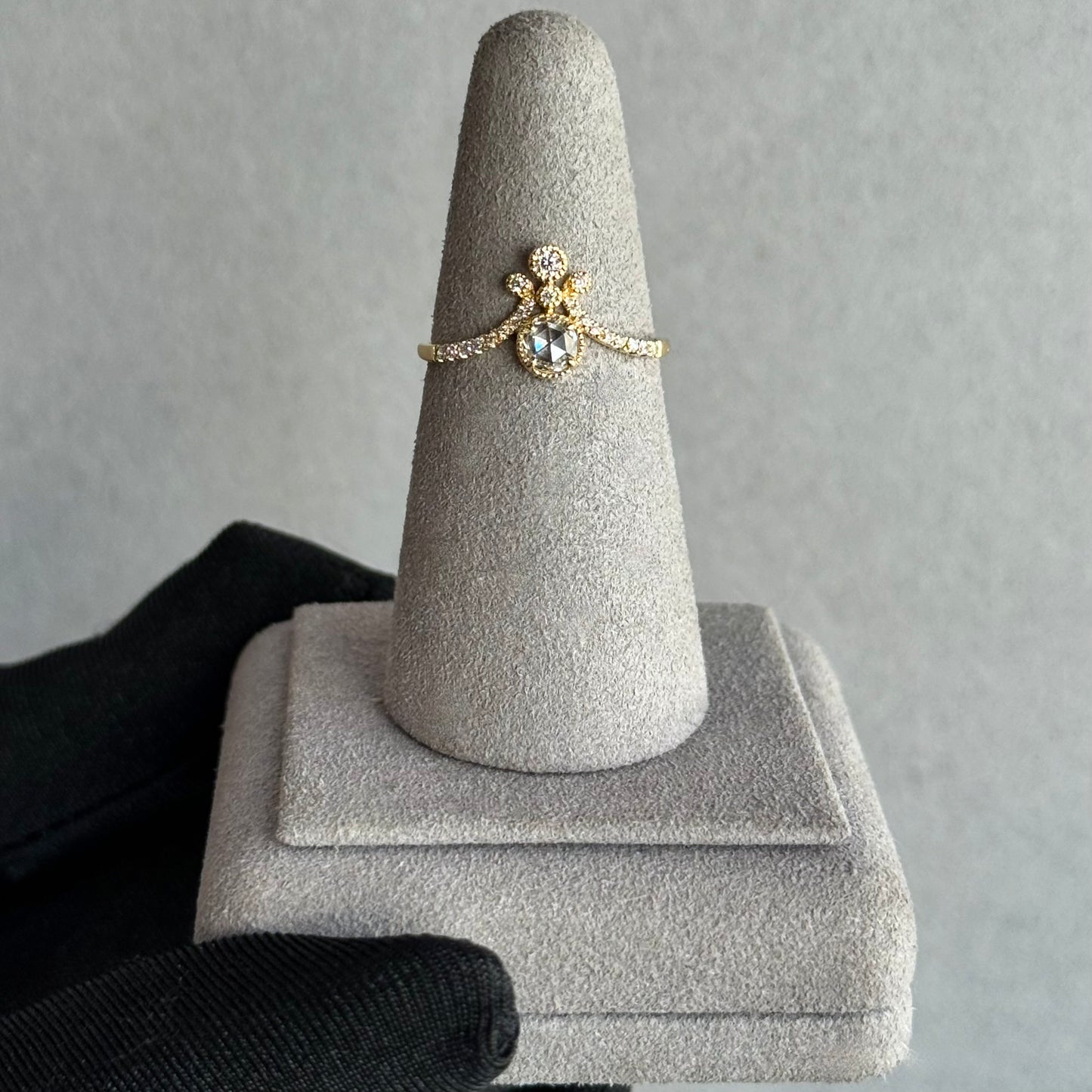 18kt Yellow Gold Rose Cut Diamond Ring with Milgrain Detailing and Brilliant Accents