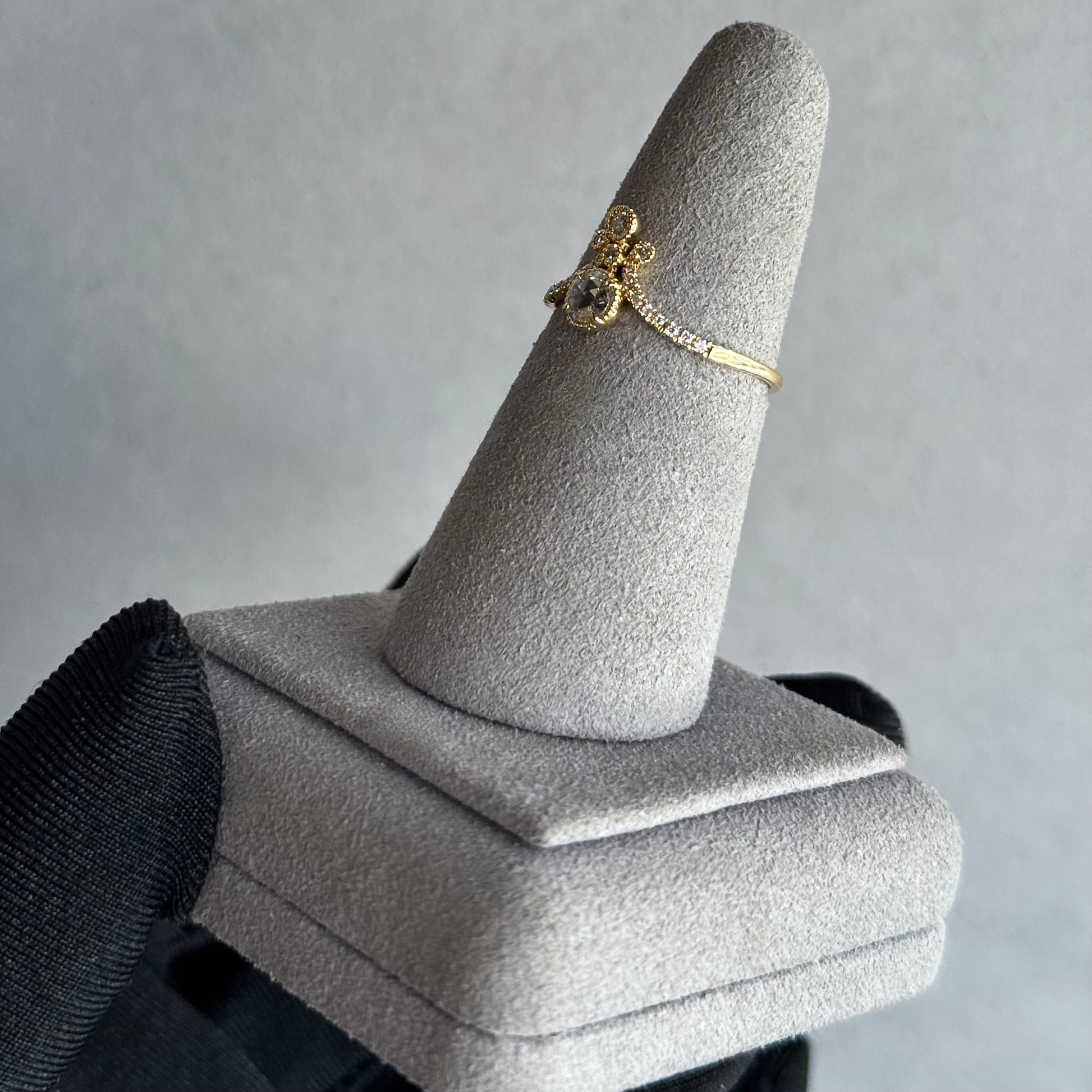 18kt Yellow Gold Rose Cut Diamond Ring with Milgrain Detailing and Brilliant Accents