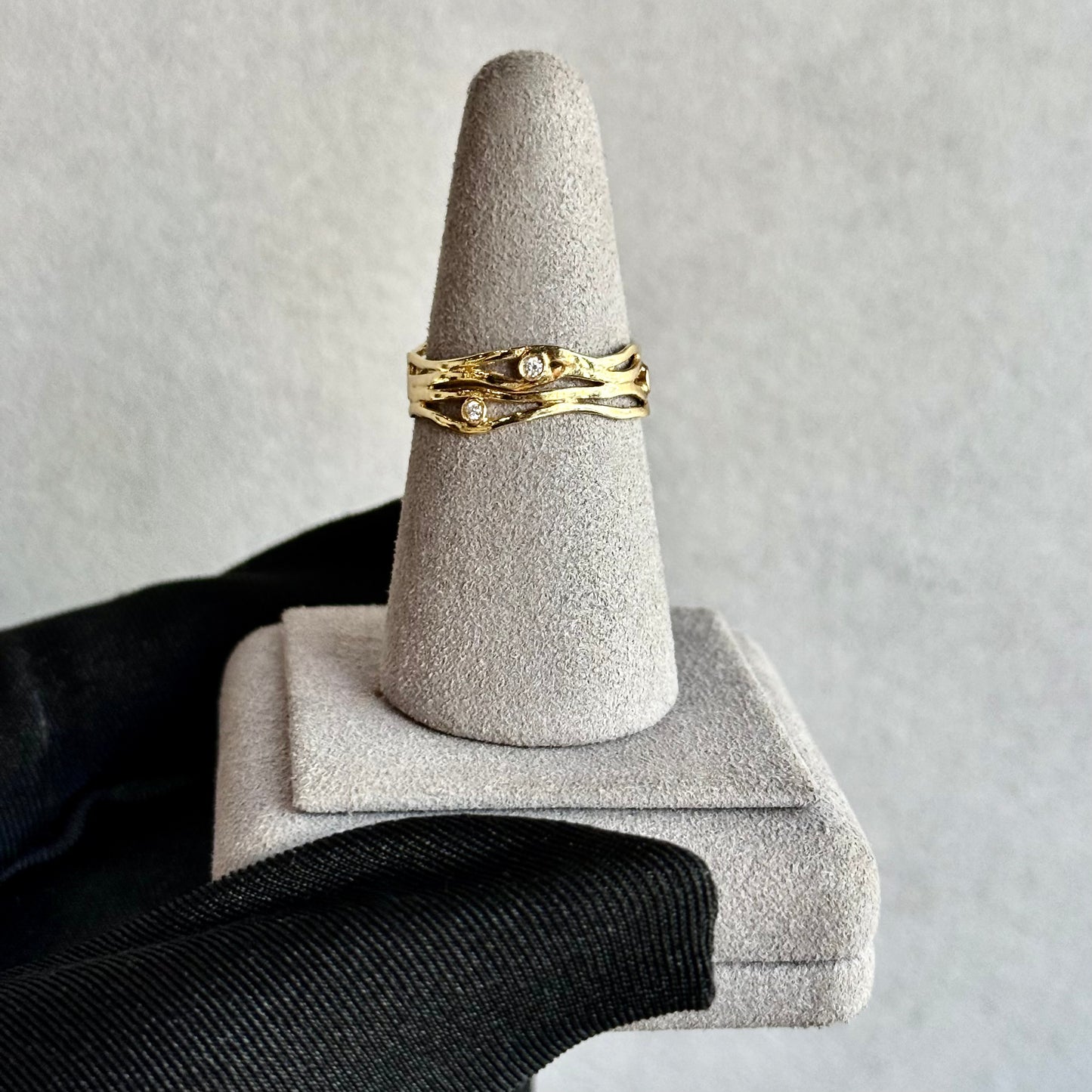 14kt Yellow Gold Wave Band with Scattered Bezel Diamonds