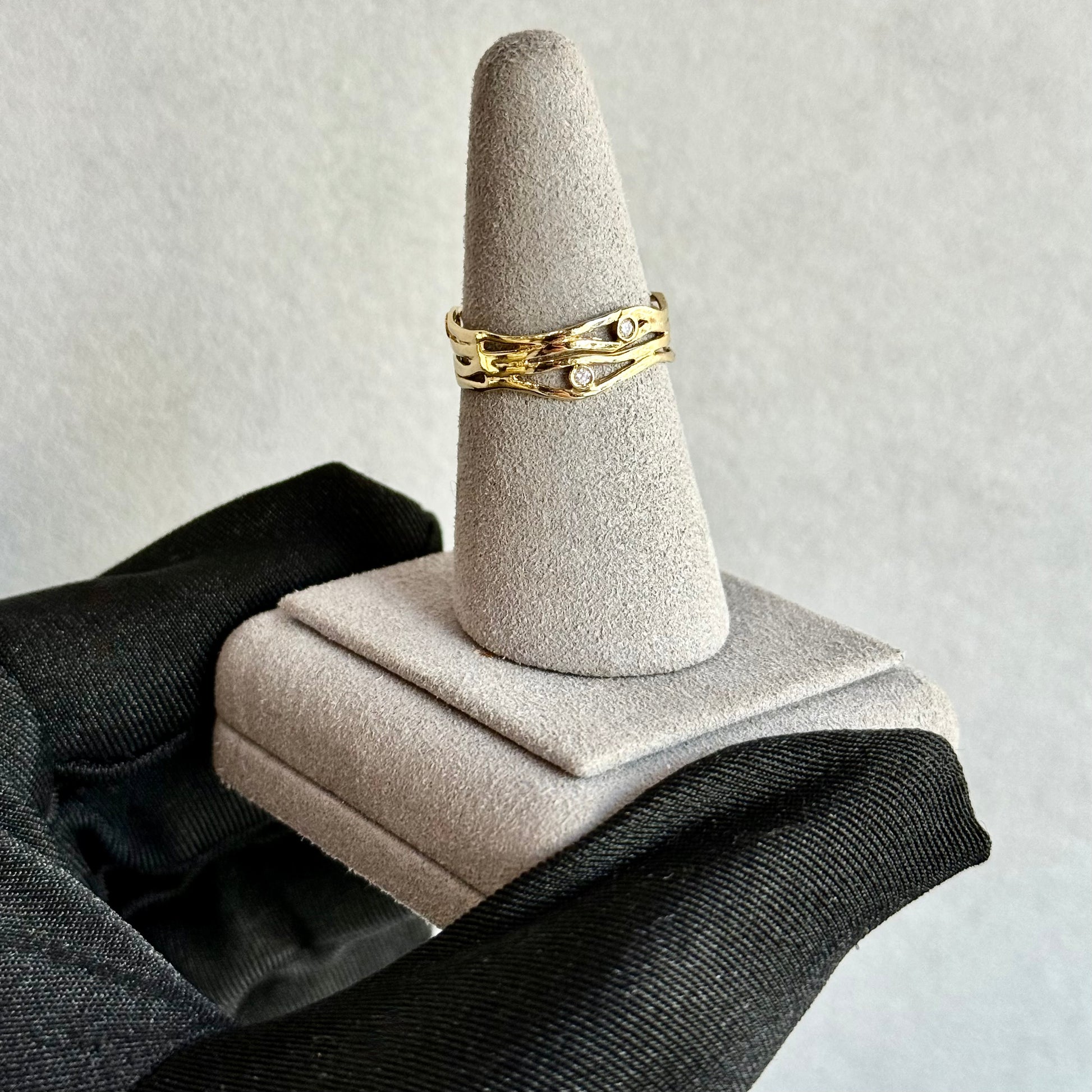 14kt Yellow Gold Wave Band with Scattered Bezel Diamonds