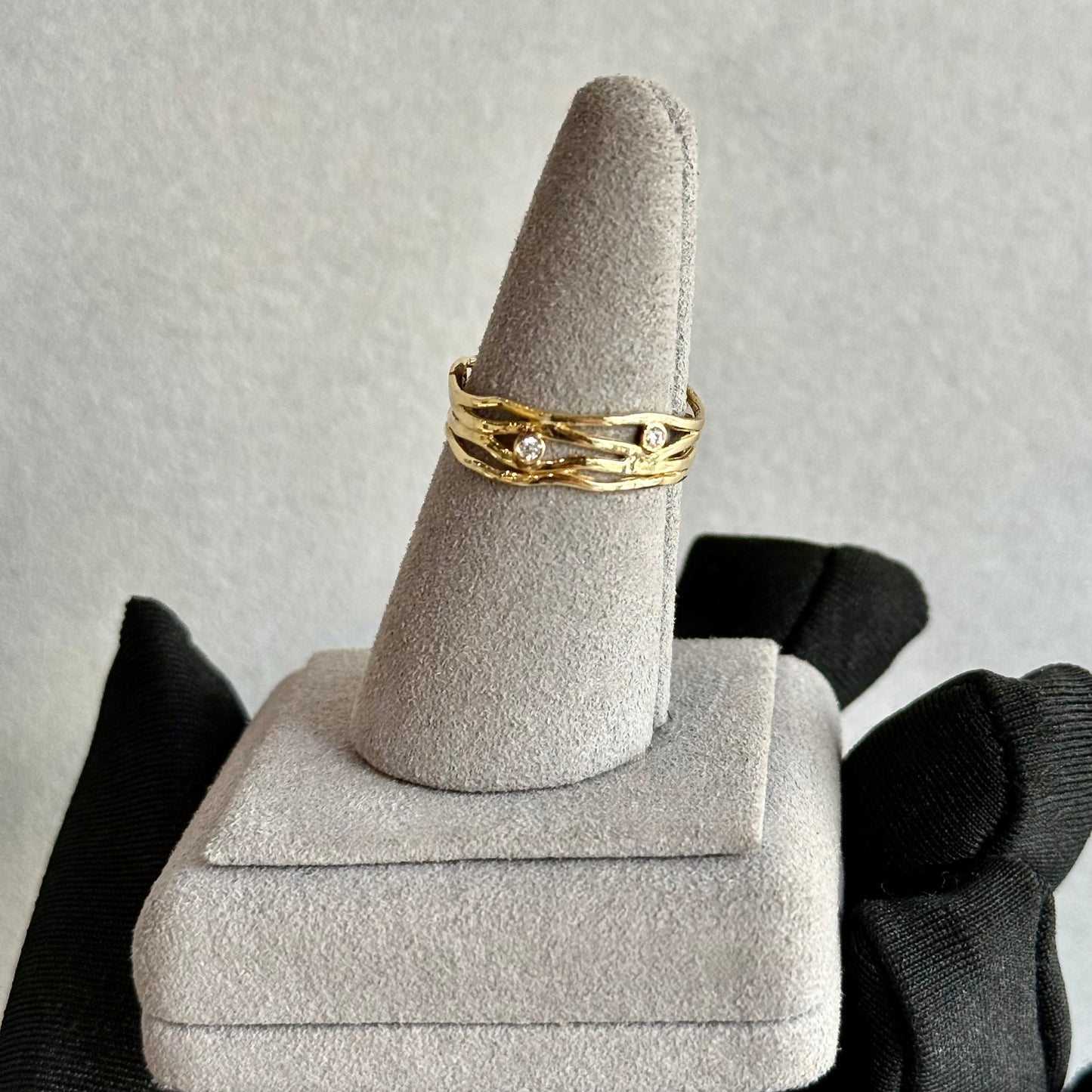 14kt Yellow Gold Wave Band with Scattered Bezel Diamonds