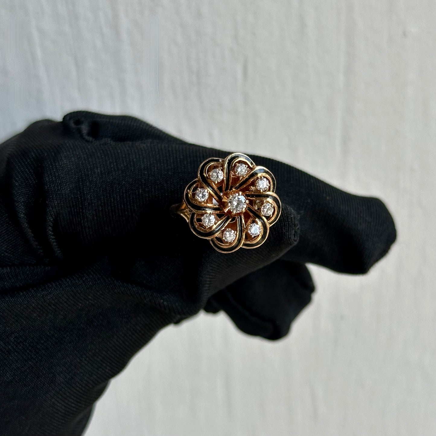 Vintage 14KT Yellow Gold Minger Mate Black Enamel and Diamond Ring with Hinge Opening Band – Comfort Fit for Larger Knuckles