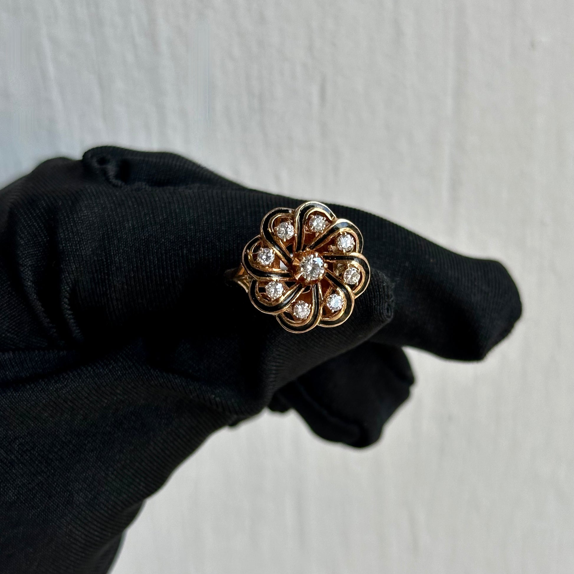 Vintage 14KT Yellow Gold Minger Mate Black Enamel and Diamond Ring with Hinge Opening Band – Comfort Fit for Larger Knuckles