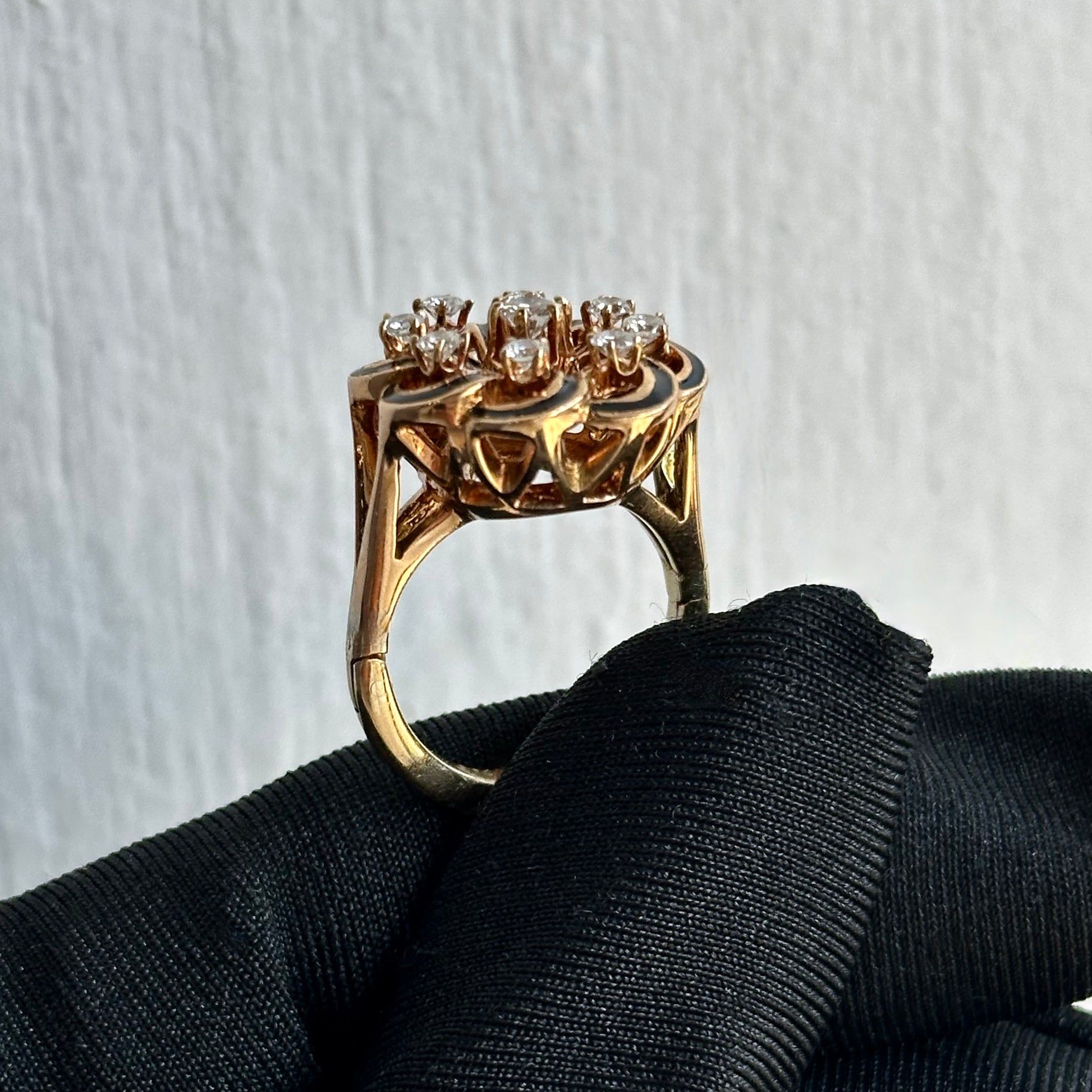 Vintage 14KT Yellow Gold Minger Mate Black Enamel and Diamond Ring with Hinge Opening Band – Comfort Fit for Larger Knuckles