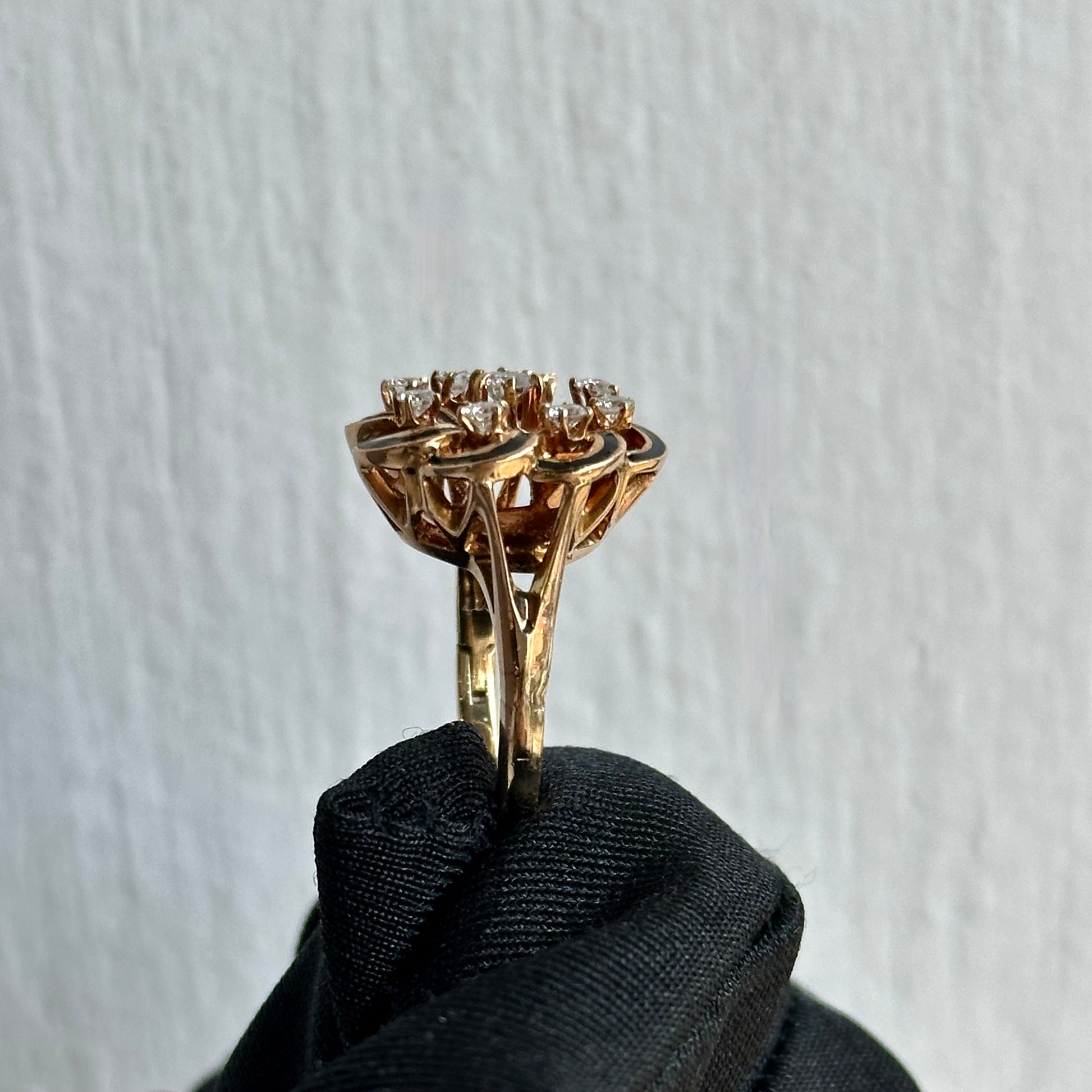 Vintage 14KT Yellow Gold Minger Mate Black Enamel and Diamond Ring with Hinge Opening Band – Comfort Fit for Larger Knuckles