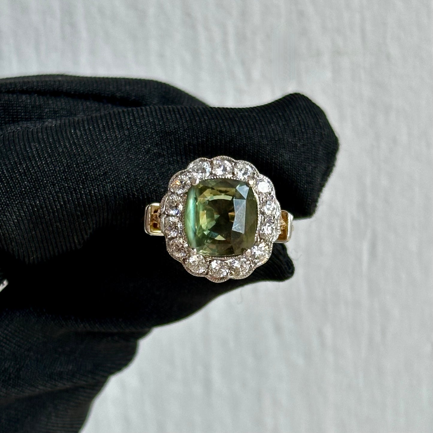 One-of-a-Kind 5.50ct Color Change Alexandrite and Diamond Ring – 18K Yellow & White Gold, Edwardian-Inspired Design