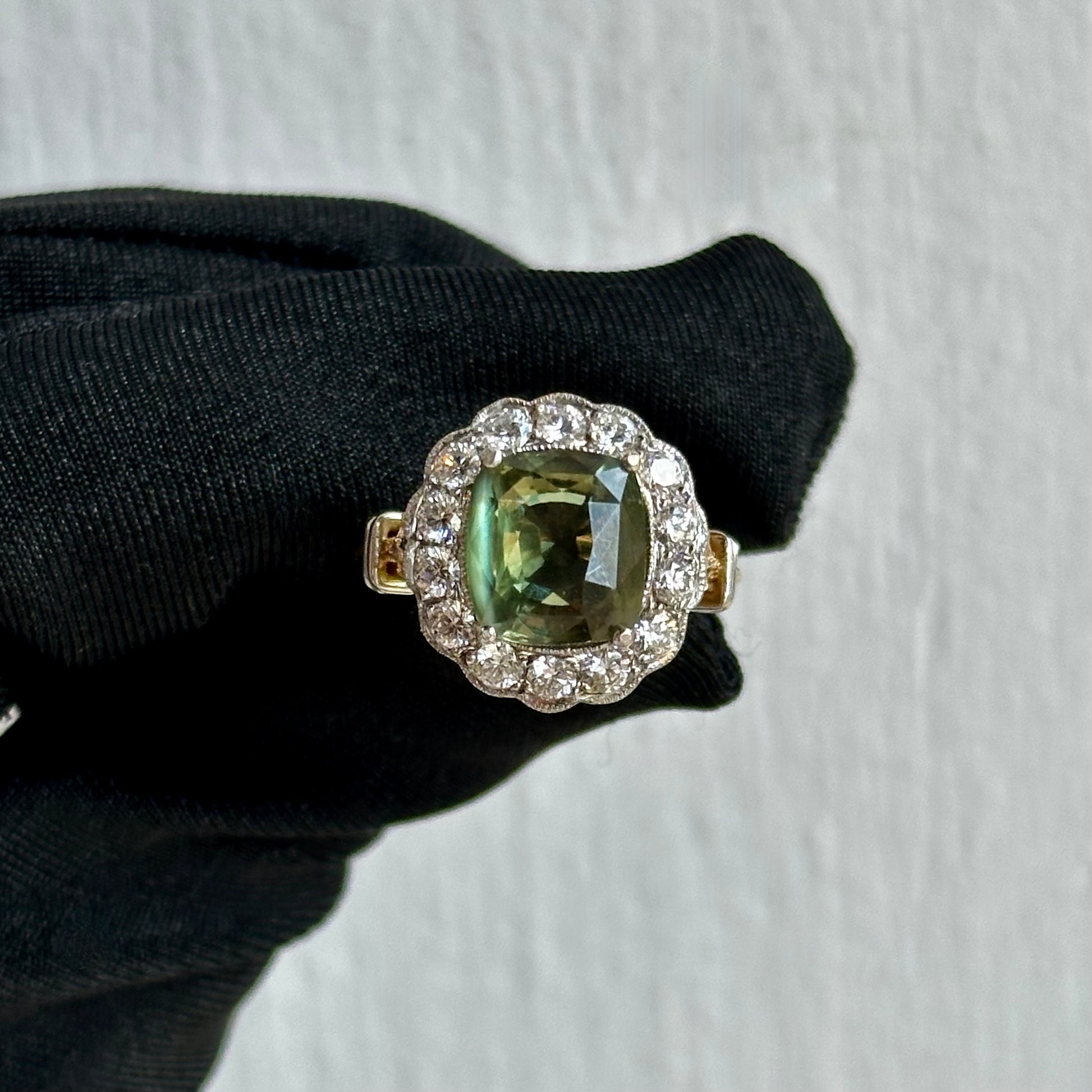 One-of-a-Kind 5.50ct Color Change Alexandrite and Diamond Ring – 18K Yellow & White Gold, Edwardian-Inspired Design
