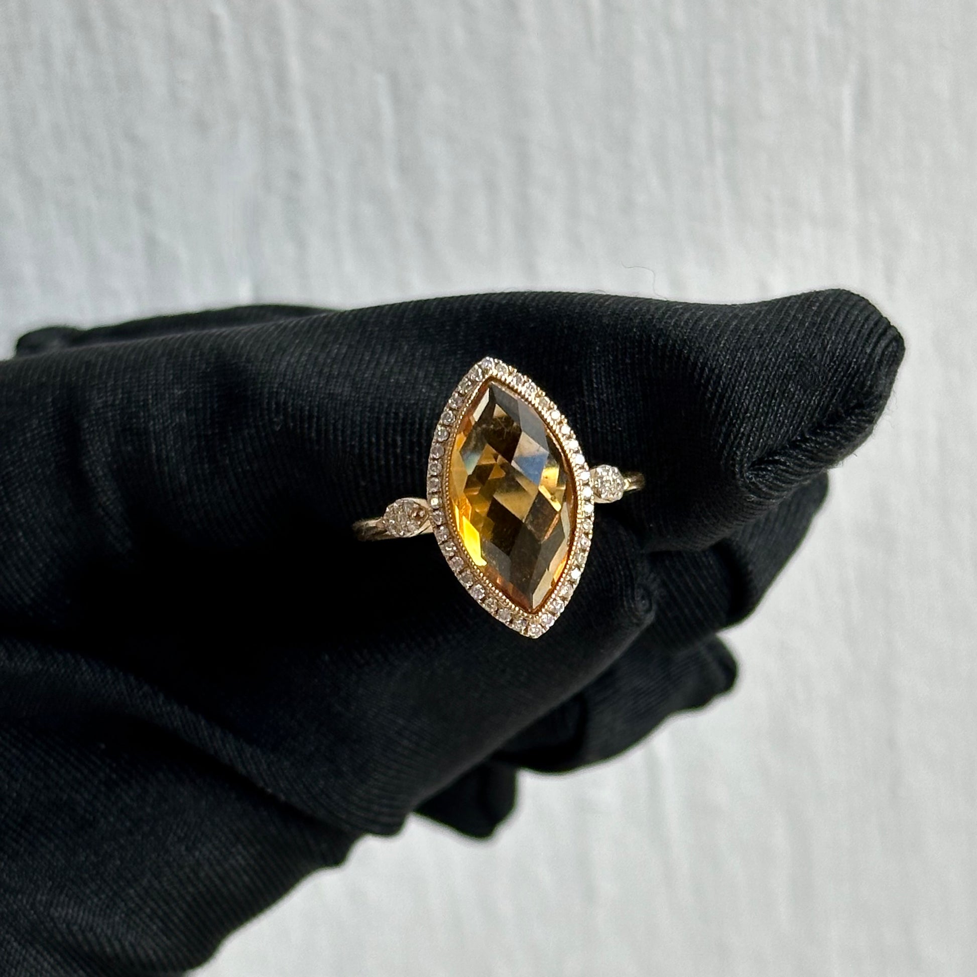 Handmade 3.29ct Citrine Marquis Cut Ring with Diamond Micro Pave Halo and 14K Yellow Gold Band