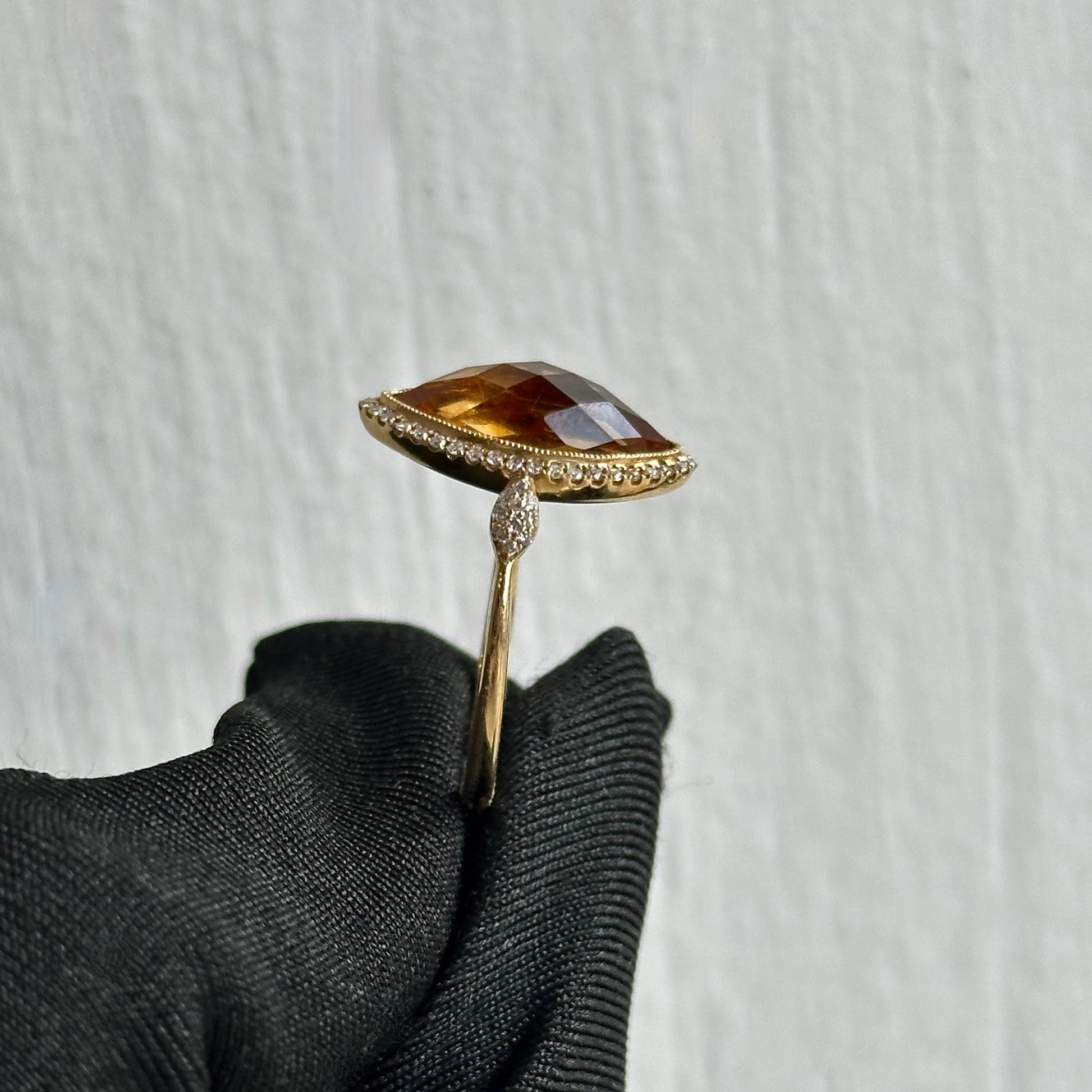 Handmade 3.29ct Citrine Marquis Cut Ring with Diamond Micro Pave Halo and 14K Yellow Gold Band