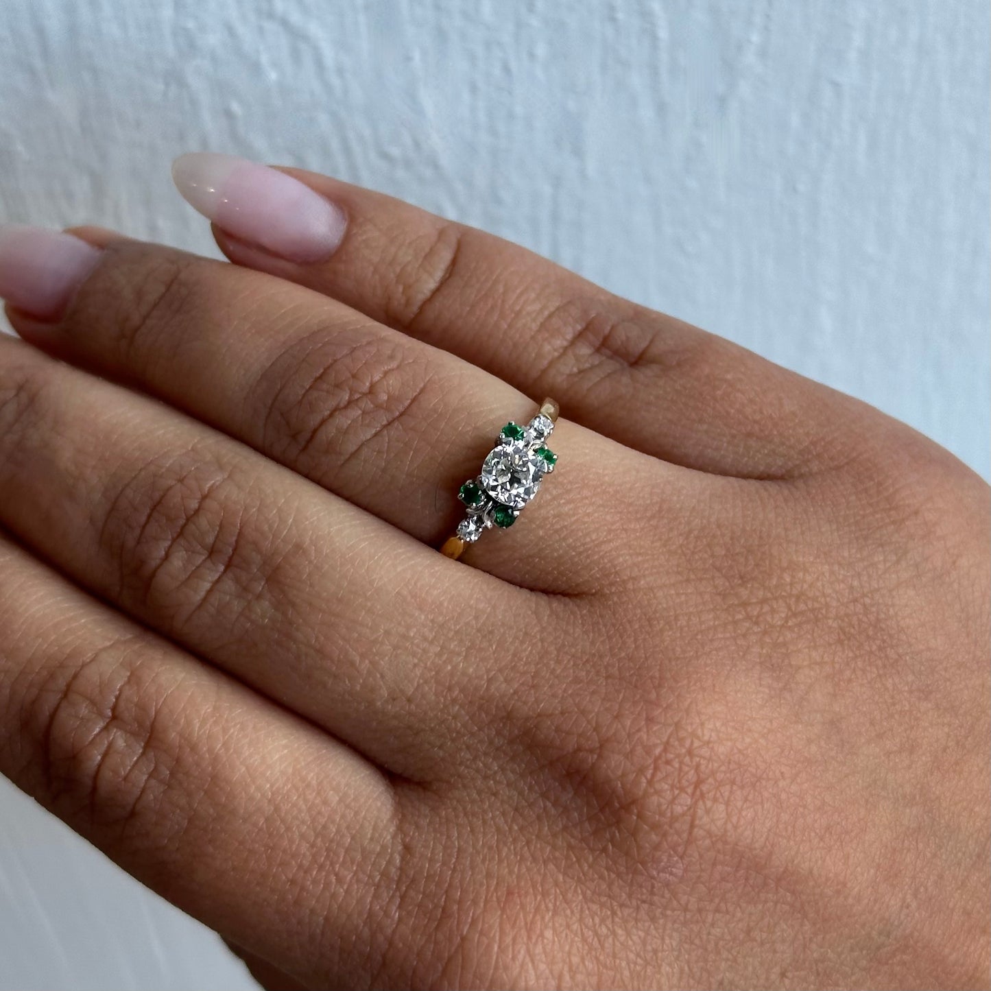 Antique 1910 Old Mine Cut Diamond Engagement Ring with Emeralds and Round Diamonds in 14kt Yellow Gold Original Circa 1910 Engagement Ring with Unique Design