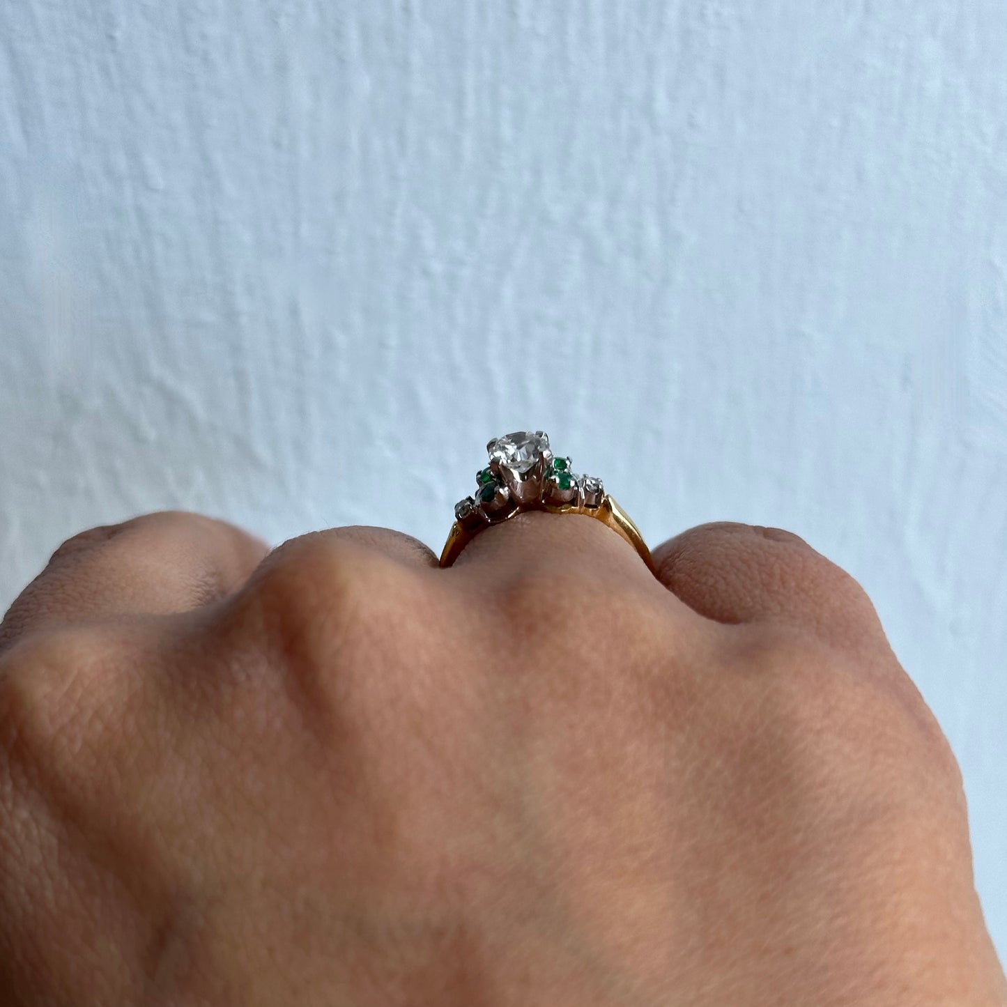 Antique 1910 Old Mine Cut Diamond Engagement Ring with Emeralds and Round Diamonds in 14kt Yellow Gold Original Circa 1910 Engagement Ring with Unique Design