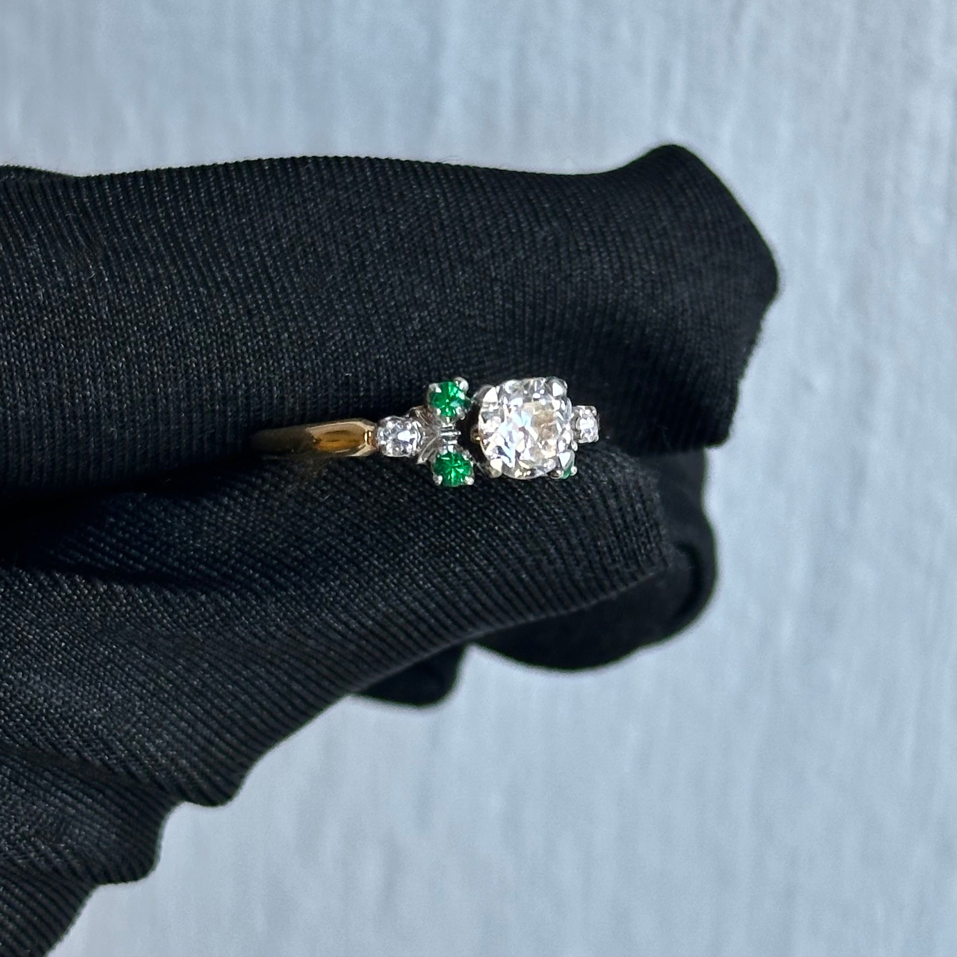 Antique 1910 Old Mine Cut Diamond Engagement Ring with Emeralds and Round Diamonds in 14kt Yellow Gold Original Circa 1910 Engagement Ring with Unique Design