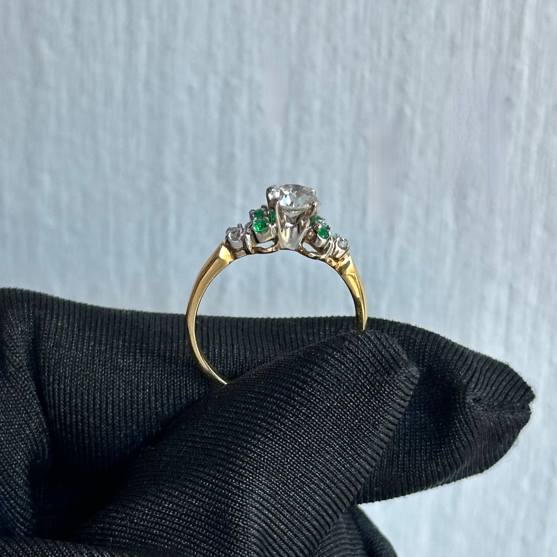 Antique 1910 Old Mine Cut Diamond Engagement Ring with Emeralds and Round Diamonds in 14kt Yellow Gold Original Circa 1910 Engagement Ring with Unique Design