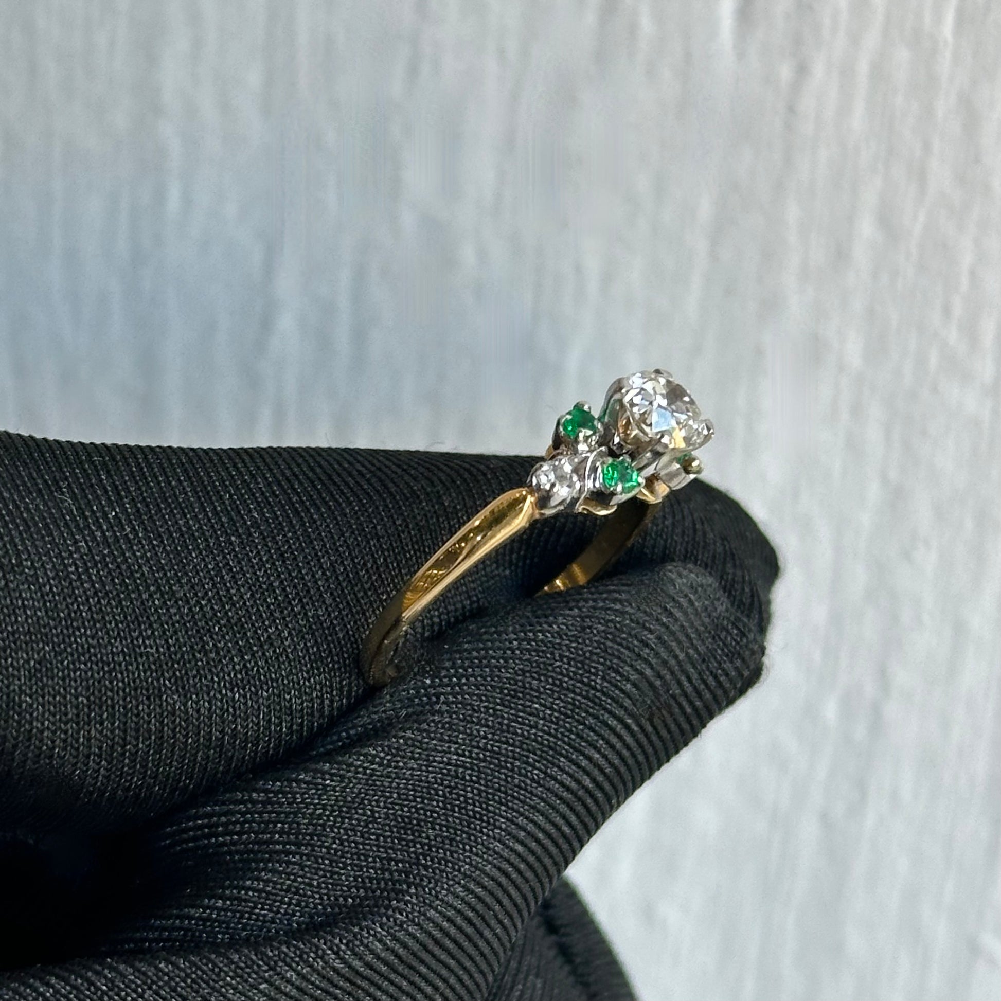 Antique 1910 Old Mine Cut Diamond Engagement Ring with Emeralds and Round Diamonds in 14kt Yellow Gold Original Circa 1910 Engagement Ring with Unique Design
