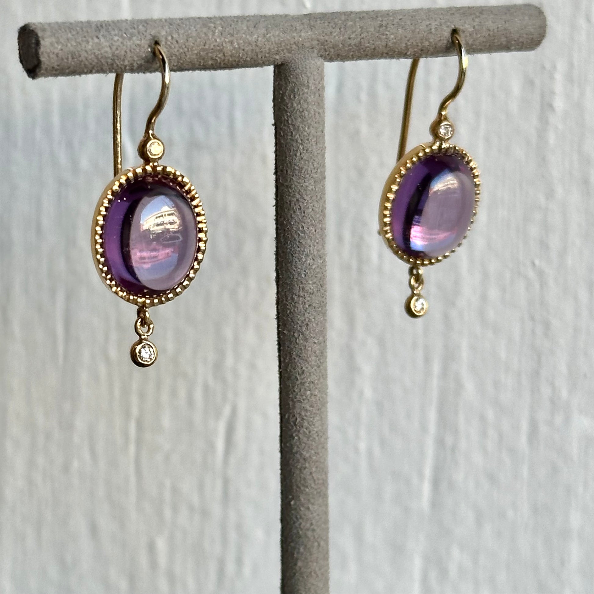 Handmade In-House 14K Yellow Gold Cabochon Pink Tourmaline & Diamond Drop Earrings with Milgrain Etching & Amethyst Accents