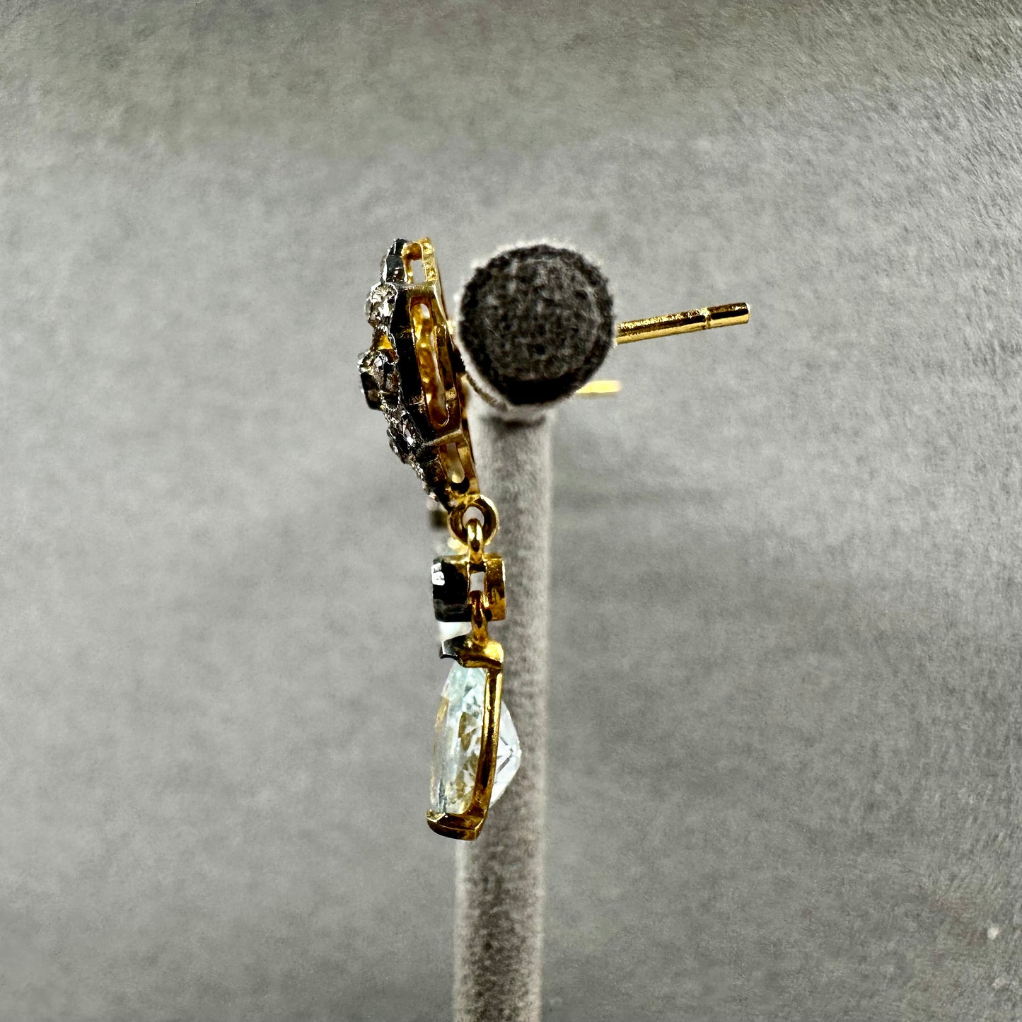 Estate 1910's 14kt Rose Cut Diamond & Pear Cut Aquamarine Drop Earrings