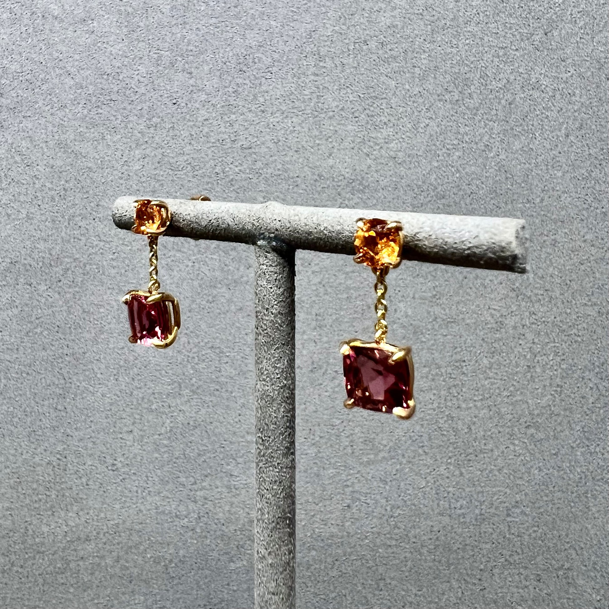 14kt Rose Gold Yellow Garnet and Pink Tourmaline Drop Earrings