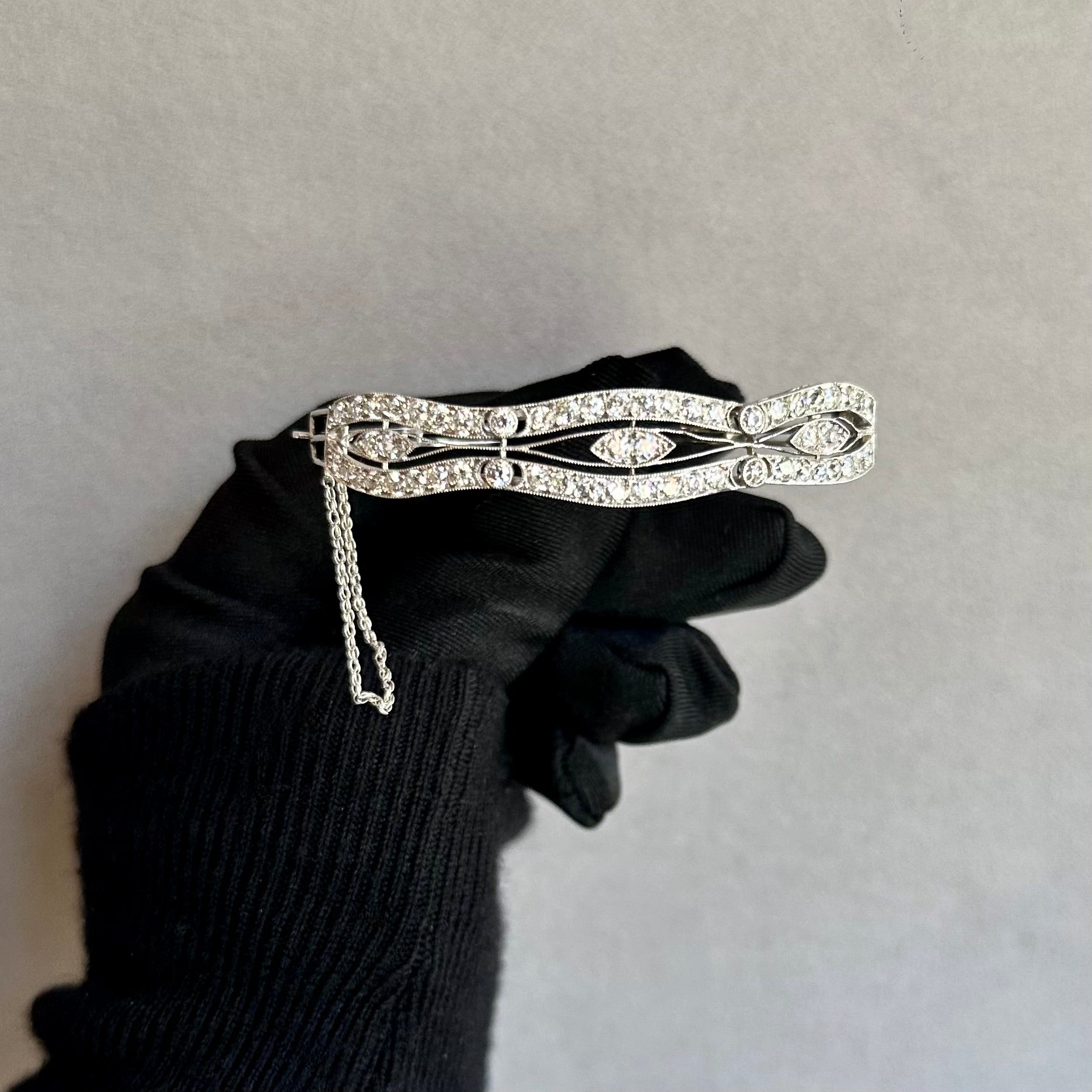 Stunning White Gold Diamond Vintage Art Deco Bangle Bracelet with Milgrain Etching & Swivel Design